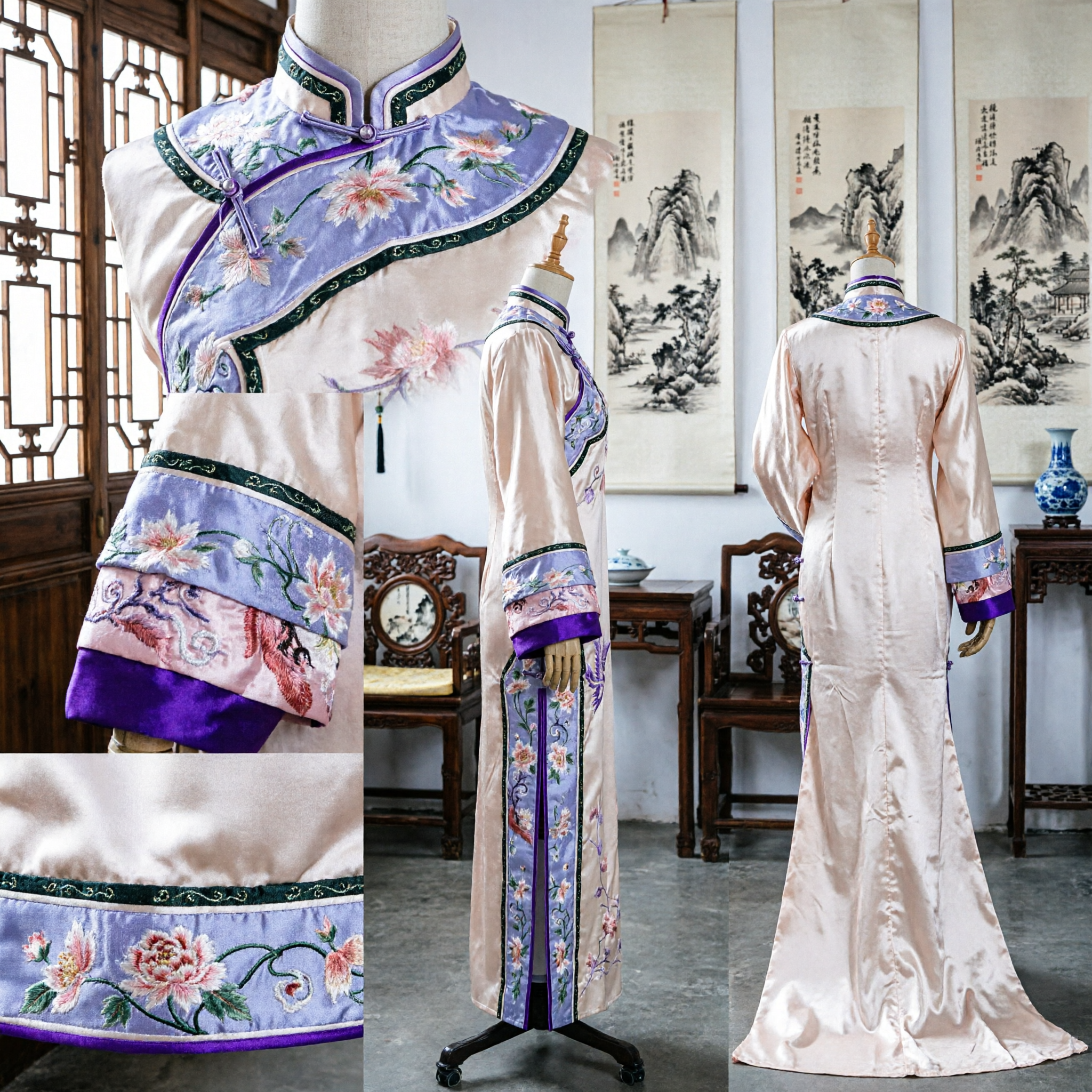 Elegant Traditional Chinese Silk Cheongsam Dress Vintage Floral Qipao with Wide Sleeves for Cultural Events - Asian Costume