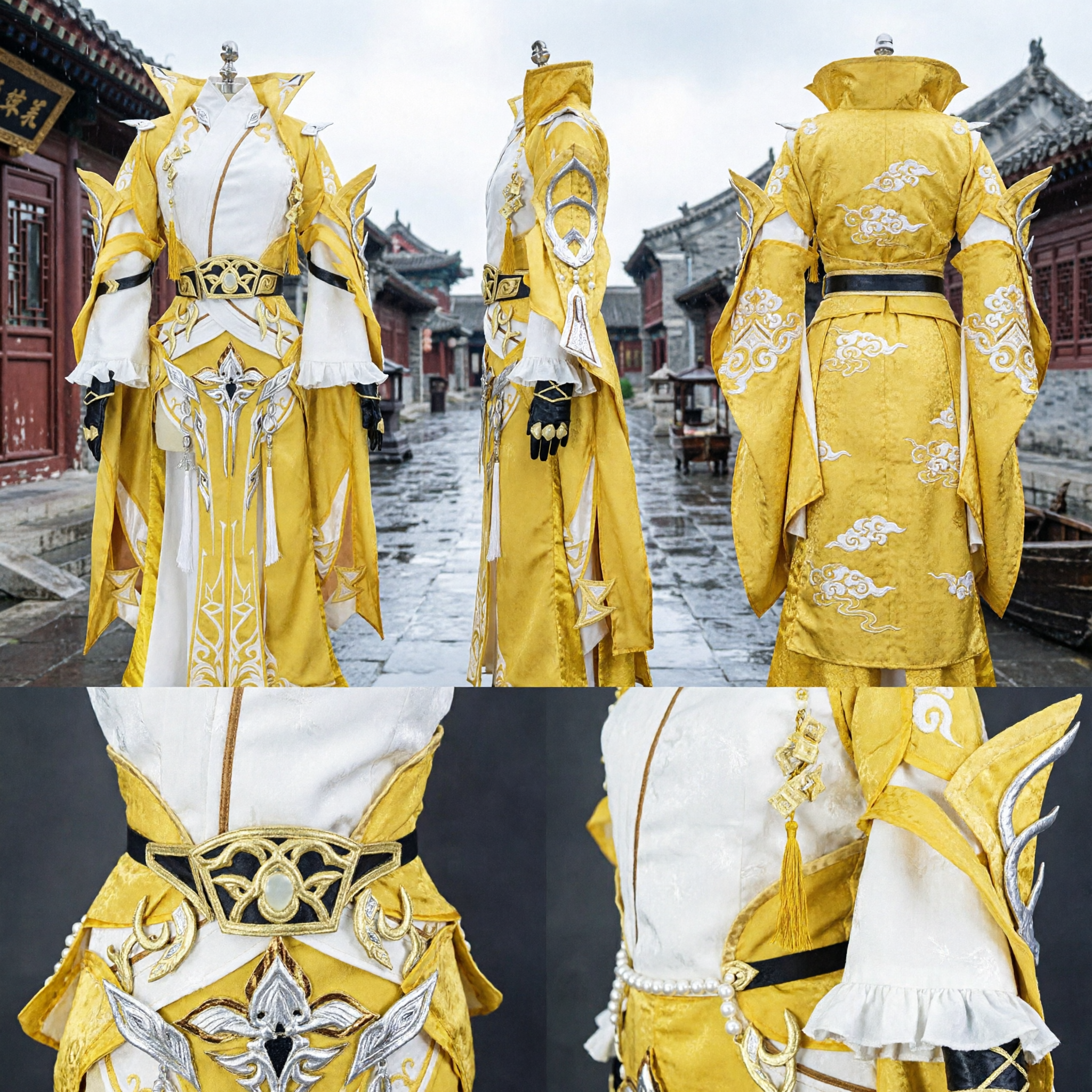 Men's Yellow Chinese Ancient Prince Cosplay Costume Fantasy Emperor Hanfu Robe with Gold Embroidery for Stage Performance - Asian Costume