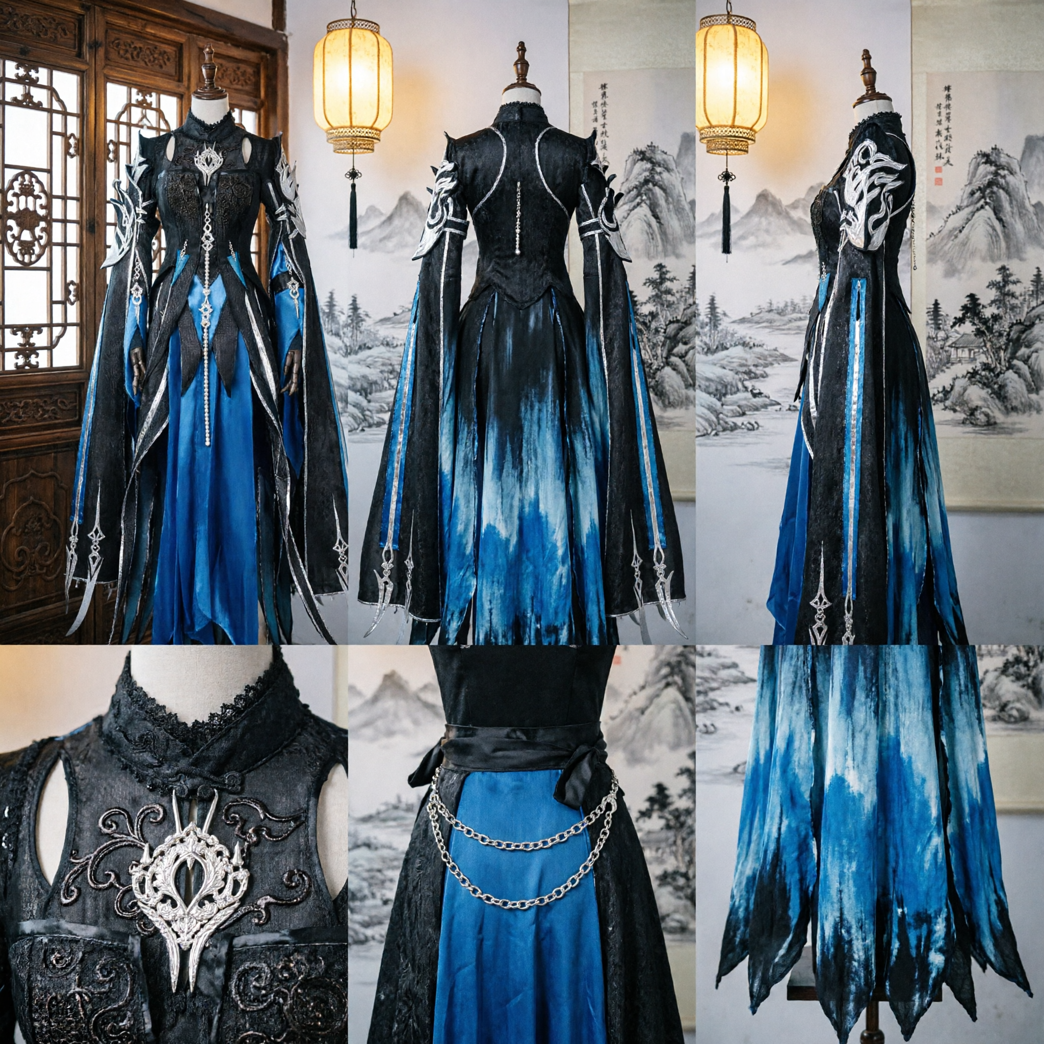 Ancient Chinese Dark Fantasy Sorceress Cosplay Costume Black Blue Gothic Mage Robe Full Set for Women - Asian Costume