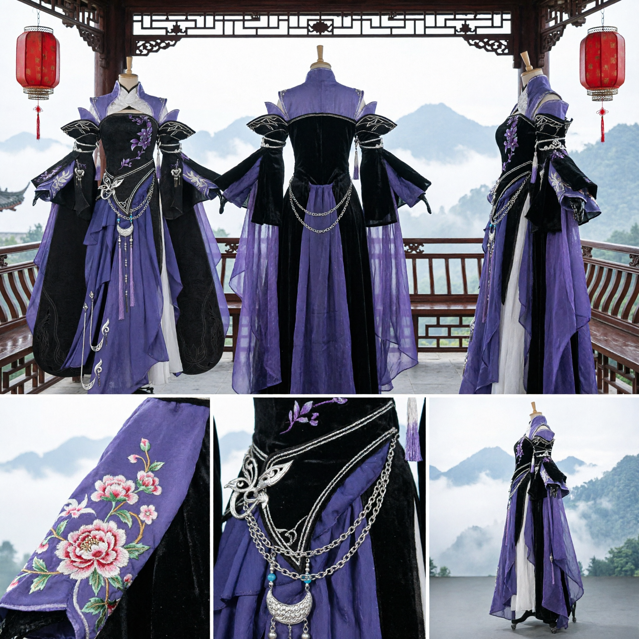 Elegant Purple and Black Ancient Chinese Hanfu Cosplay Costume Traditional Fantasy Wuxia Swordswoman Dress for Women - Asian Costume