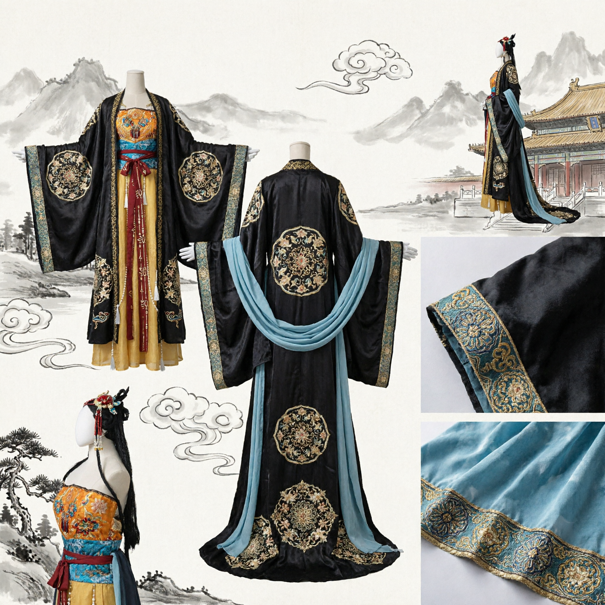 Traditional Chinese Tang Dynasty Empress Hanfu Costume Black Gold Embroidered Palace Dress for Women Cosplay Photography - Asian Costume