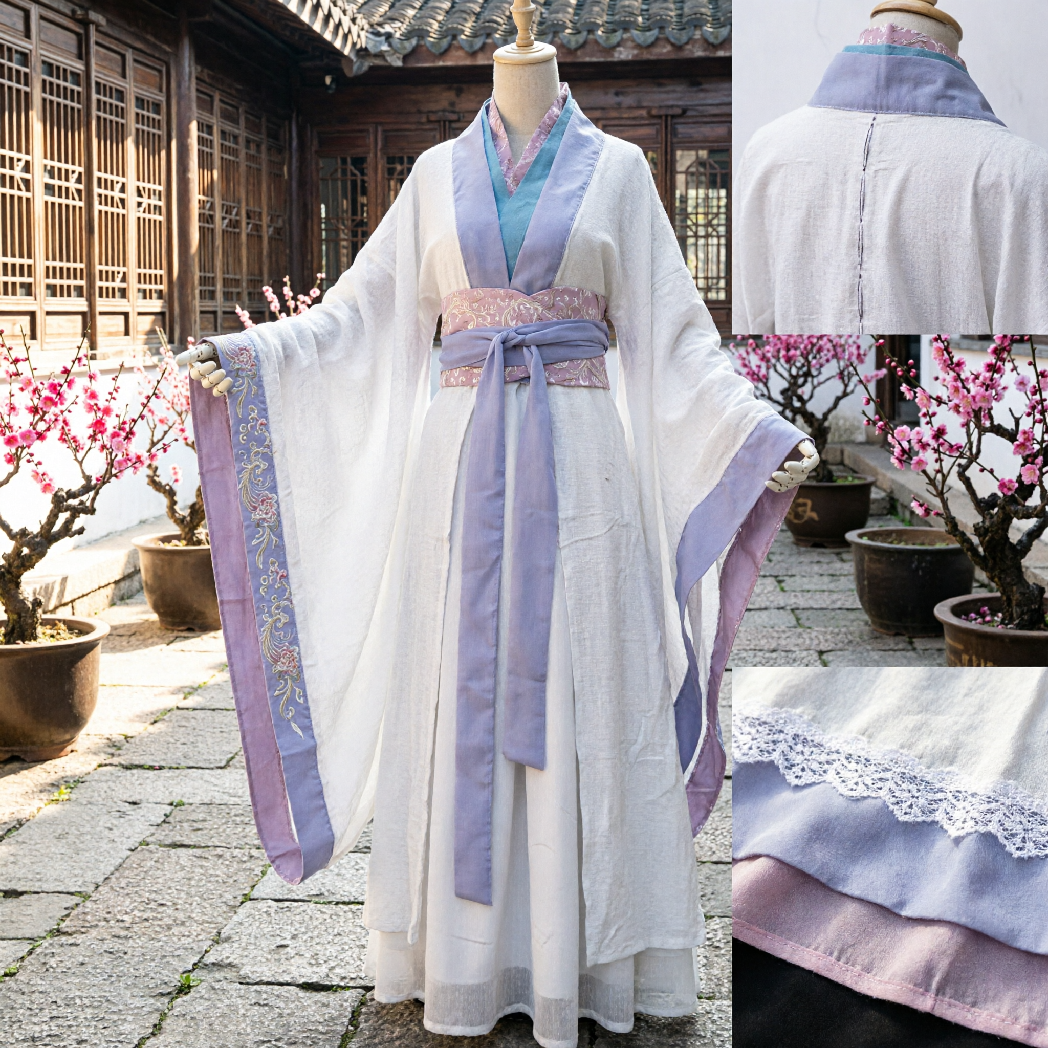 Traditional Chinese Hanfu Costume for Women Elegant White and Purple Ancient Dress with Wide Sleeves - Asian Costume