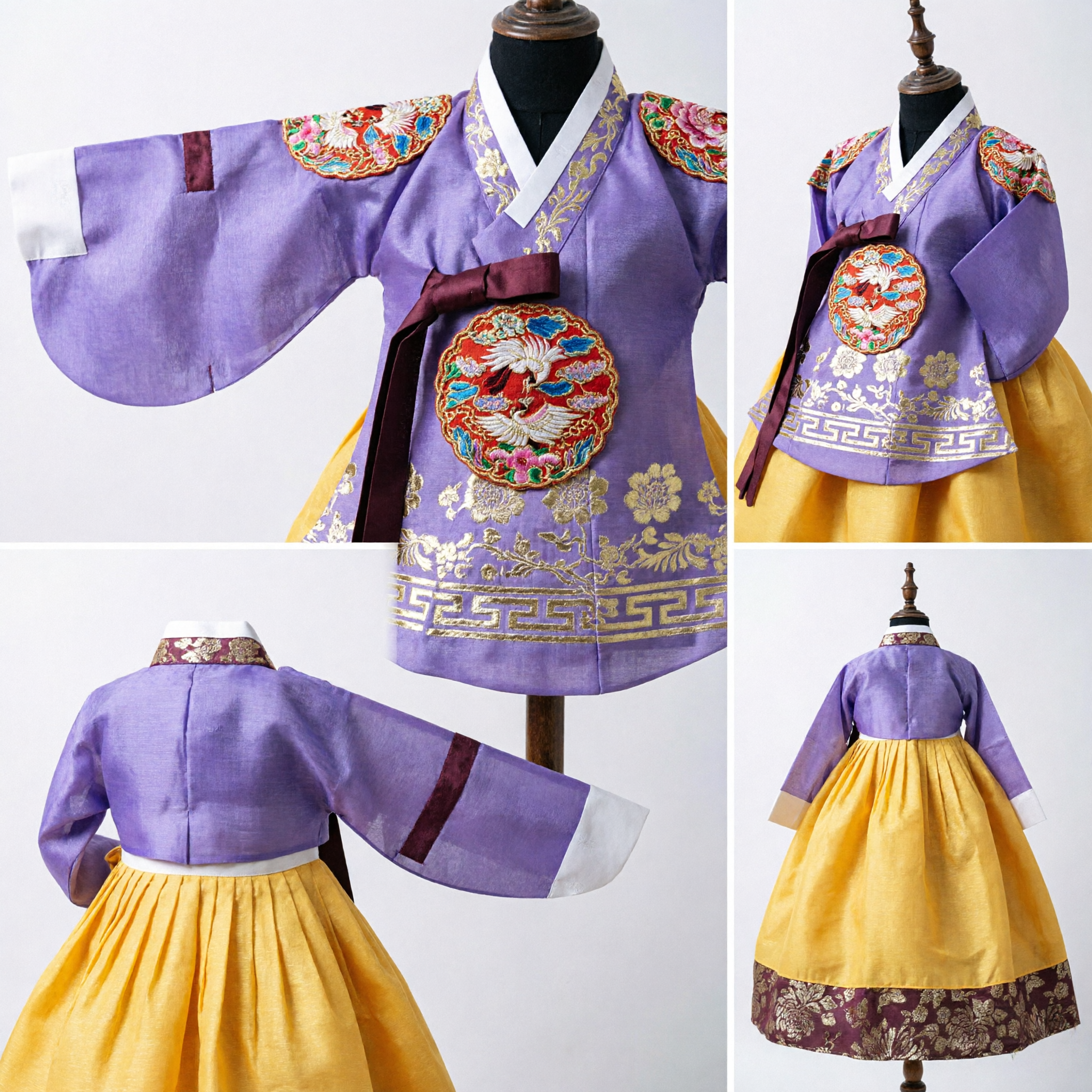 Korean Traditional Hanbok Doll Purple and Yellow Embroidered Costume Souvenir Gift for Home Decoration - Asian Costume