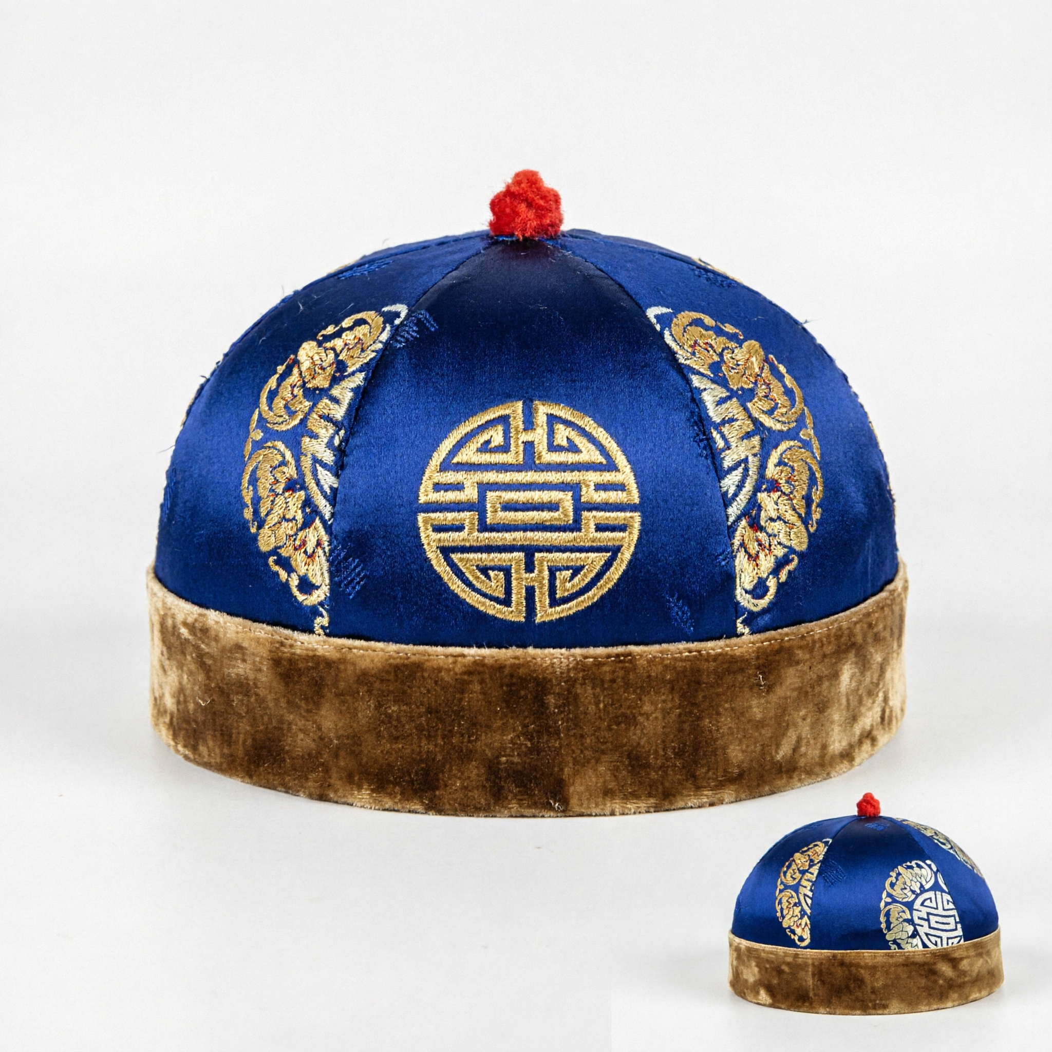 Traditional Chinese Qing Dynasty Blue Silk Hat with Gold Embroidery and Fur Brim for Men Cosplay - Asian Costume