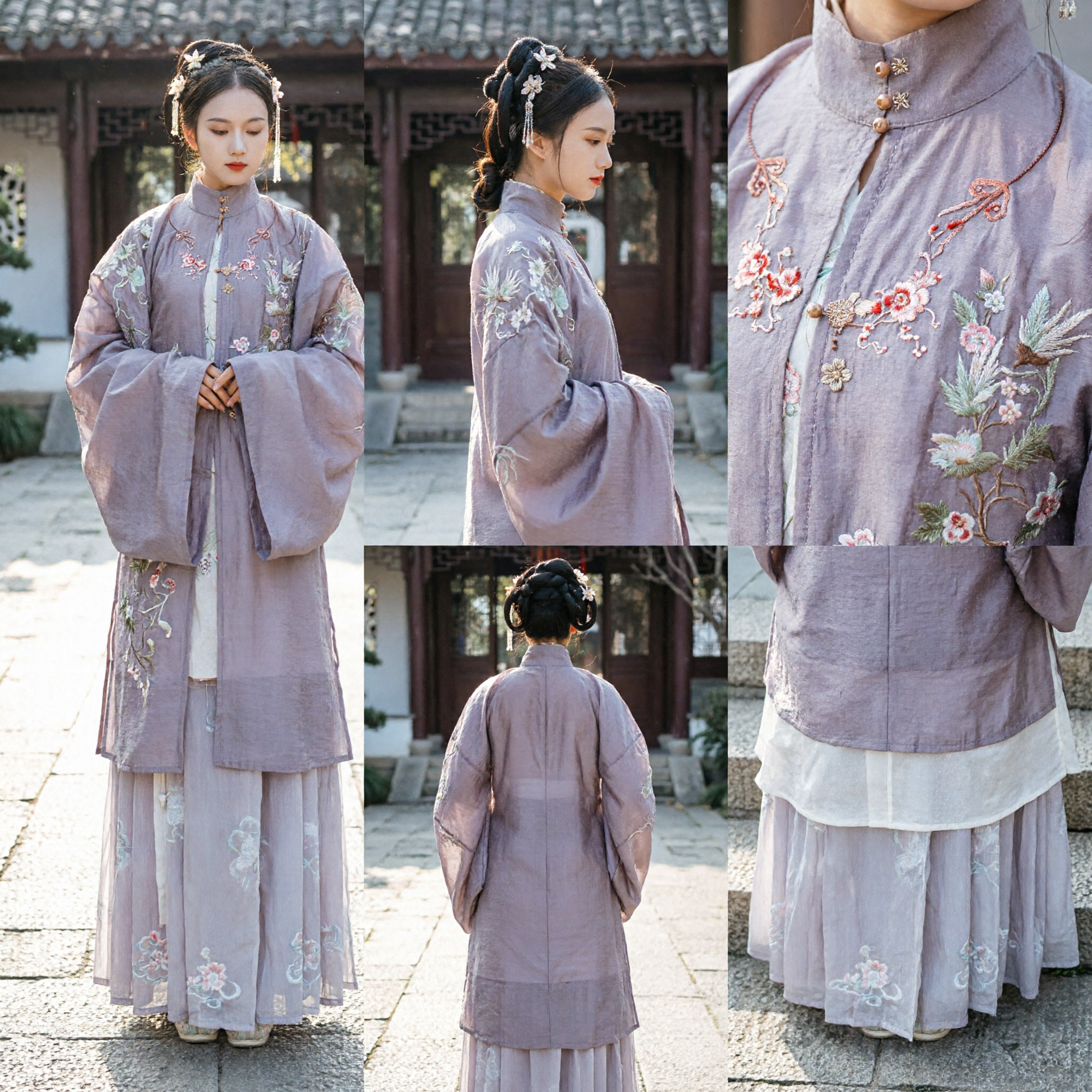 Elegant Purple Ming Dynasty Hanfu Traditional Chinese Ancient Costume with Floral Embroidery Standing Collar Top and Skirt for Women - Asian Costume