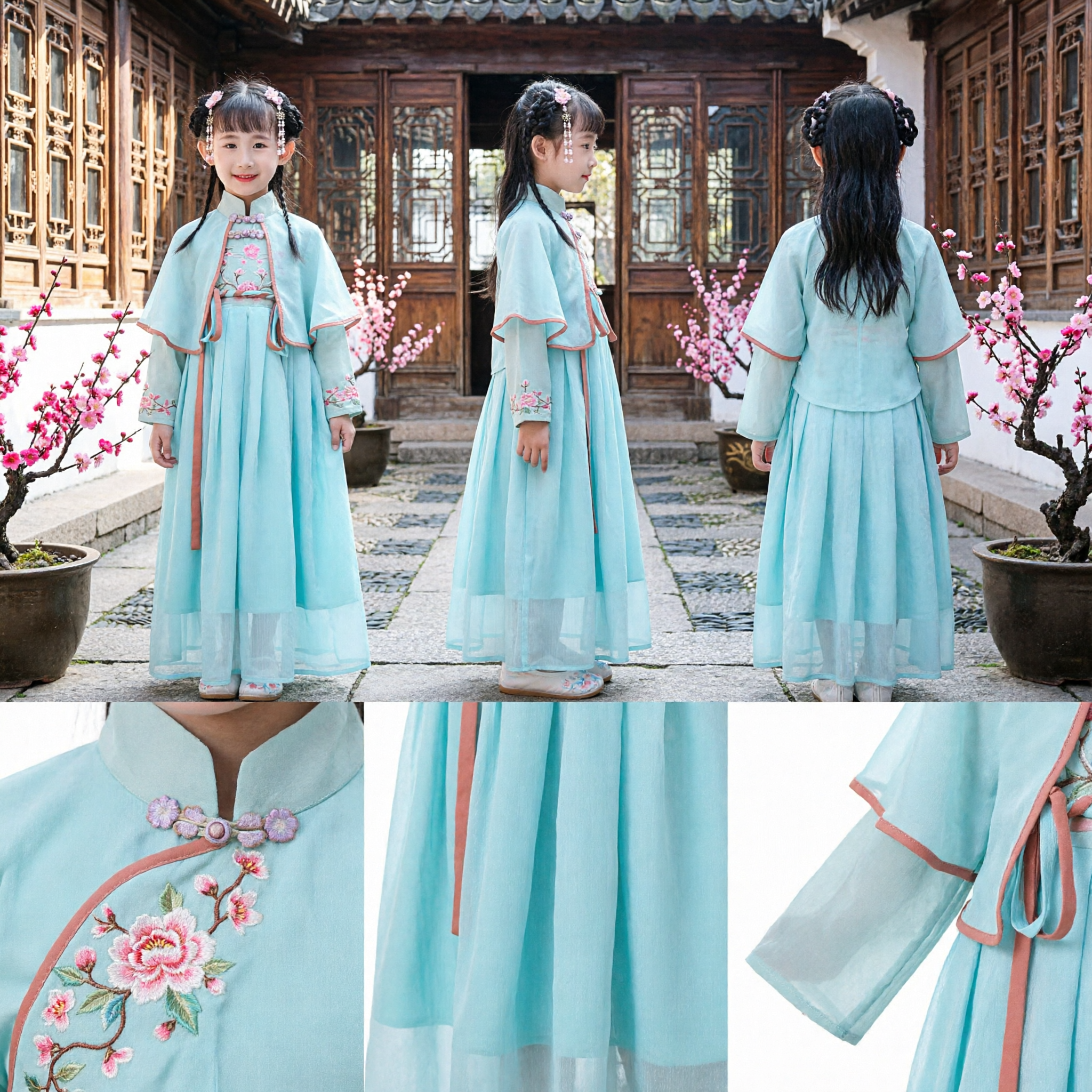 Traditional Chinese Hanfu Costume for Girls Ancient Princess Dress with Floral Embroidery Cape Cloak - Asian Costume