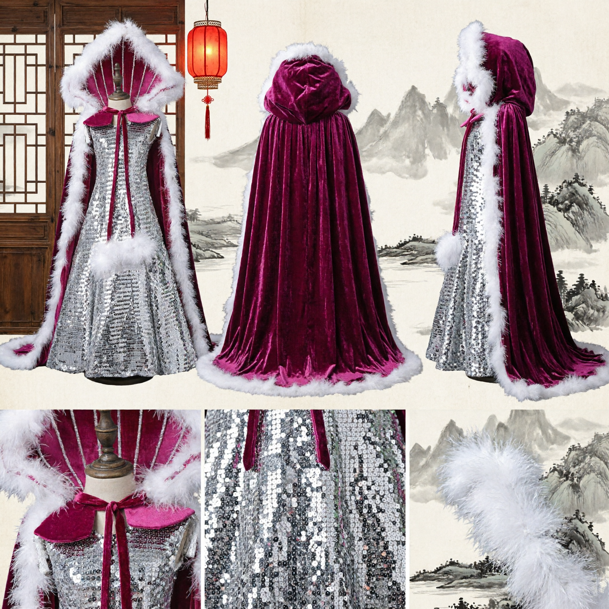 Women's Silver Sequin Dress with Pink Lined White Fur Hooded Cape Stage Performance Costume - Asian Costume