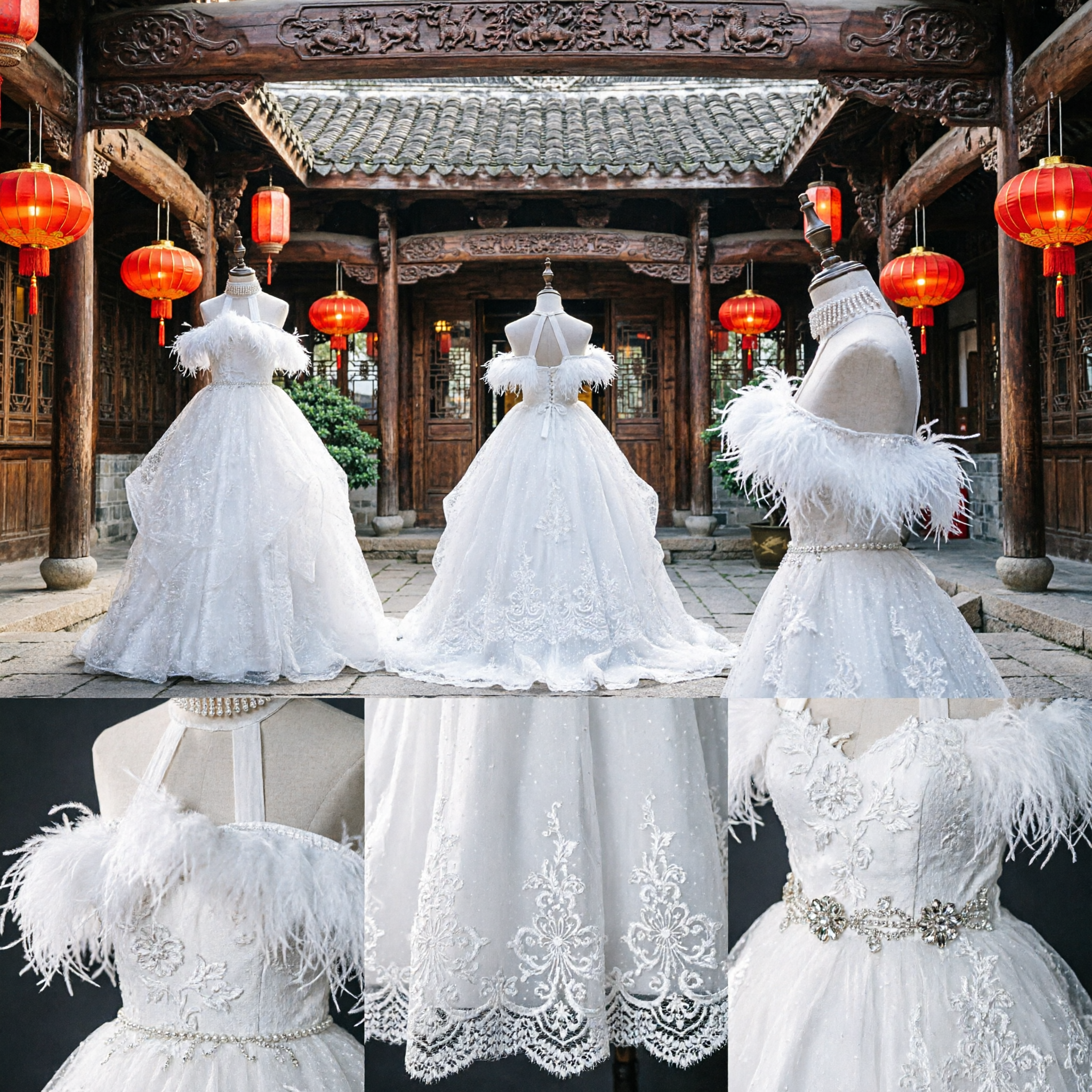 Elegant White Off-Shoulder Feather Wedding Dress with Jeweled Halter Neck Lace Ballgown Bridal Gown - Asian Costume