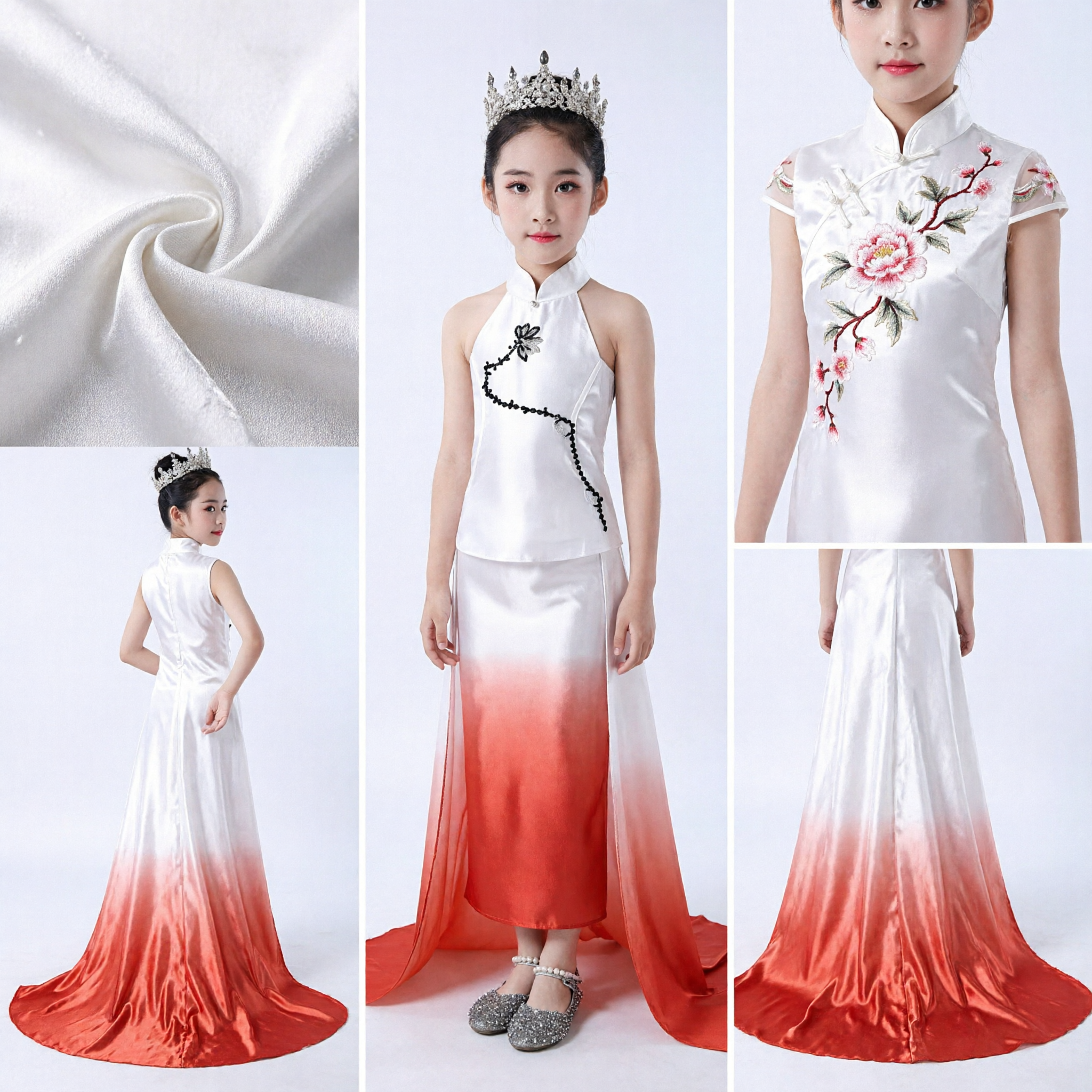 Kids Girls Traditional Chinese Dance Costume White Red Ombre Stage Performance Dress with Train - Asian Costume