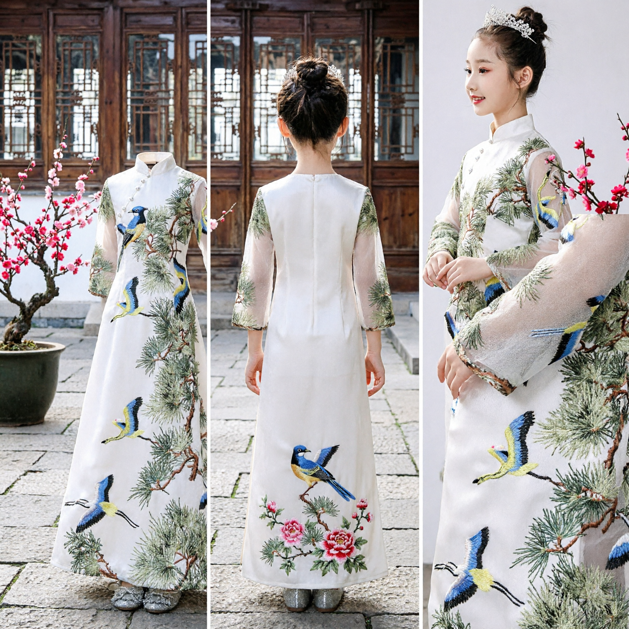 Traditional Chinese Hanfu Dress for Girls White Crane Pine Embroidery Long Gown Stage Performance Costume - Asian Costume