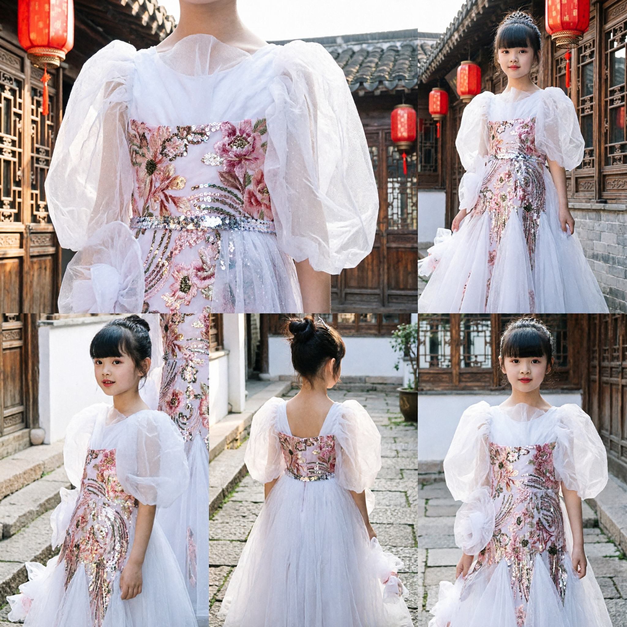 Kids Girls White Floral Embroidery Dress Chinese Traditional Princess Gown for Wedding Party Performance - Asian Costume