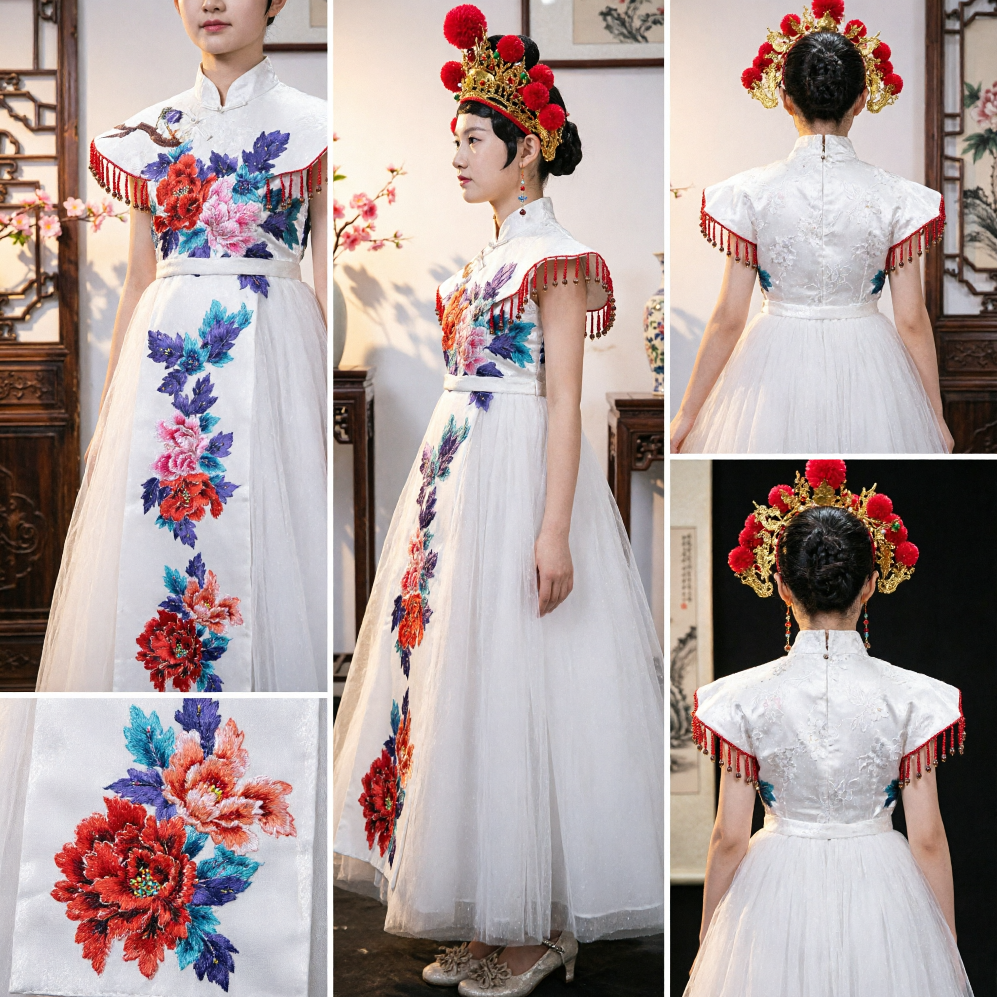 Kids Traditional Chinese White Qipao Dress Embroidered Peony Cheongsam Gown for Flower Girl Wedding Stage Performance - Asian Costume