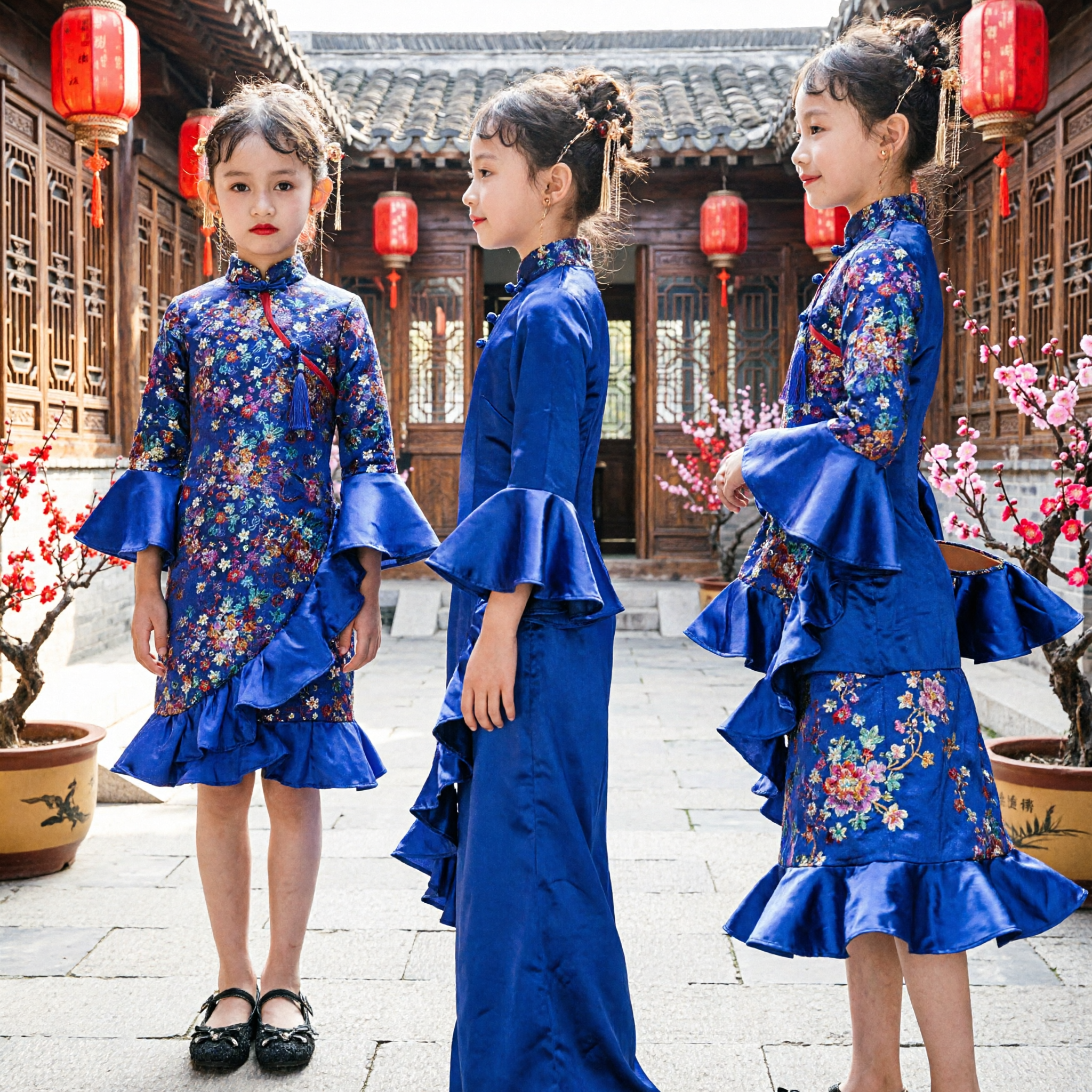 Blue Floral Traditional Chinese Cheongsam Dress for Girls Kids Stage Performance Costume Qipao - Asian Costume