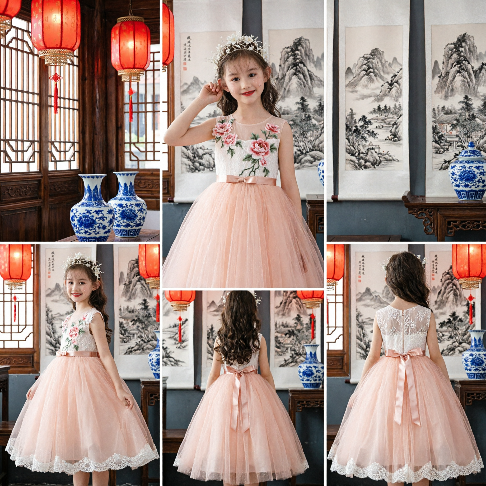 Elegant Champagne Lace Flower Girl Dress Princess Ball Gown for Kids Wedding Party Pageant - Asian Costume