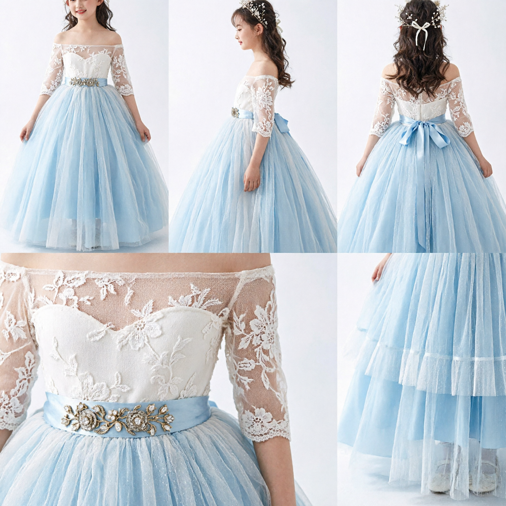 Elegant Light Blue Off-Shoulder Lace Ball Gown for Girls Formal Wedding Flower Girl Pageant Dress - Asian Costume