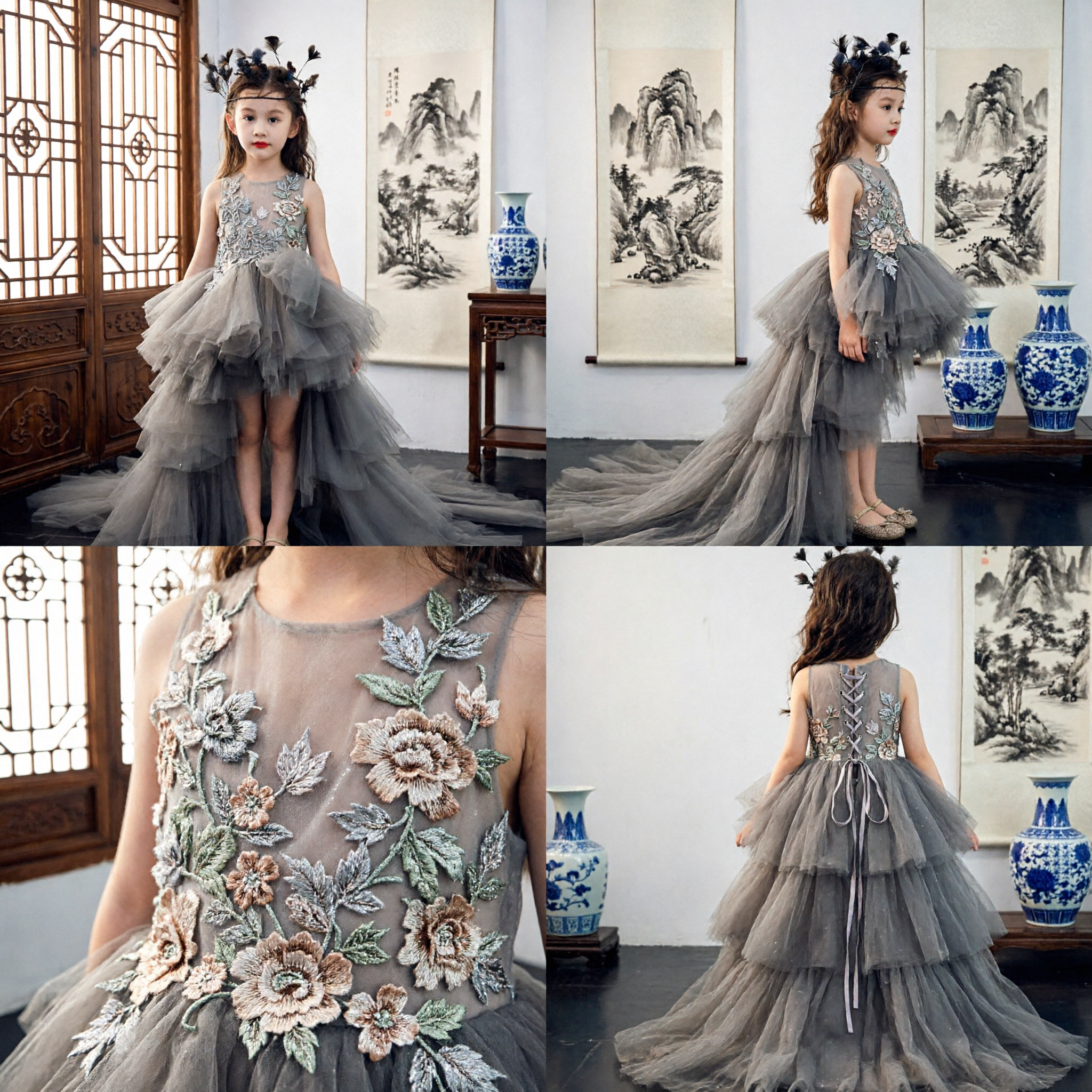 Elegant Grey Tulle High-Low Flower Girl Dress Kids Wedding Party Formal Pageant Gown - Asian Costume