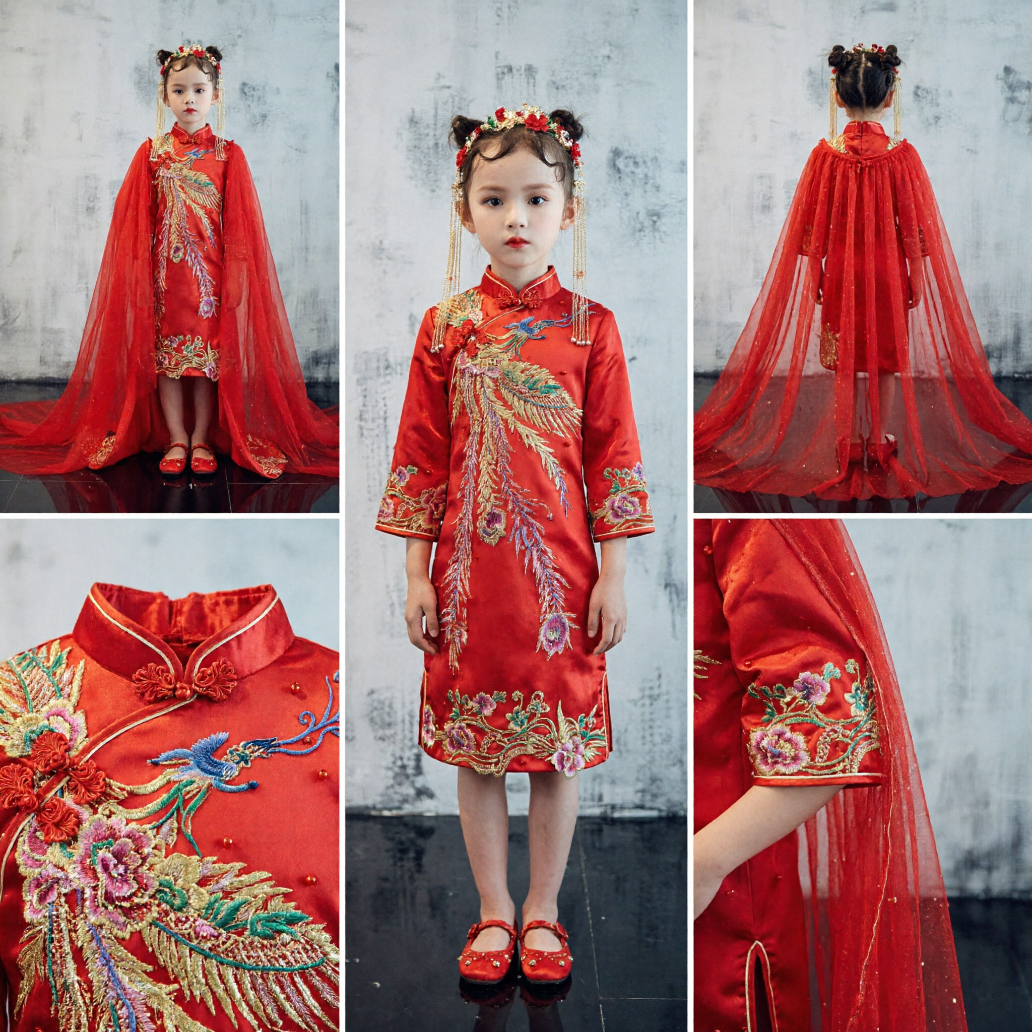 Traditional Chinese Red Phoenix Cape Dress for Girls Kids Ancient Hanfu Costume Wedding Performance - Asian Costume