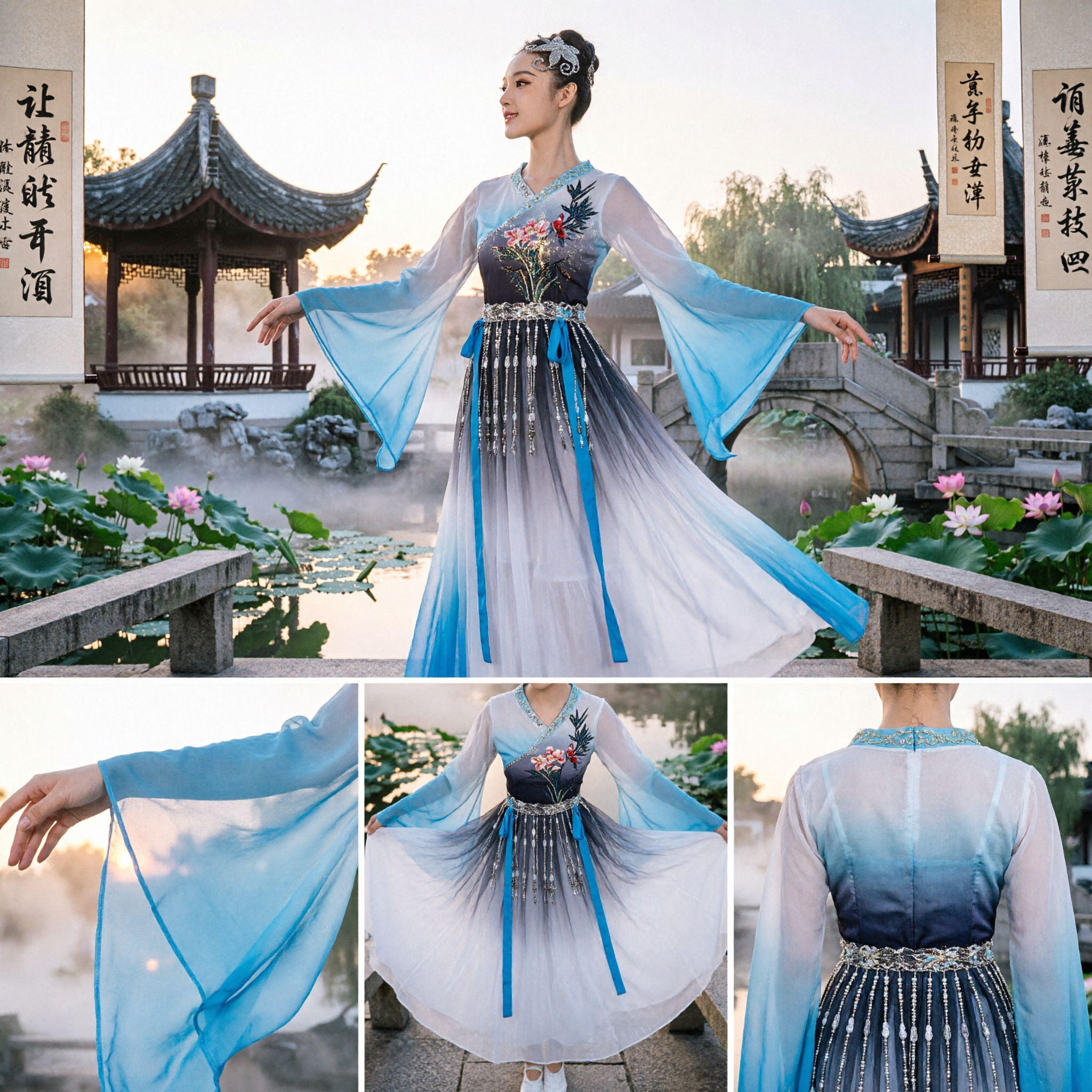 Women's Chinese Classical Dance Costume Blue Gradient Water Sleeves Hanfu Dress for Stage Performance - Asian Costume
