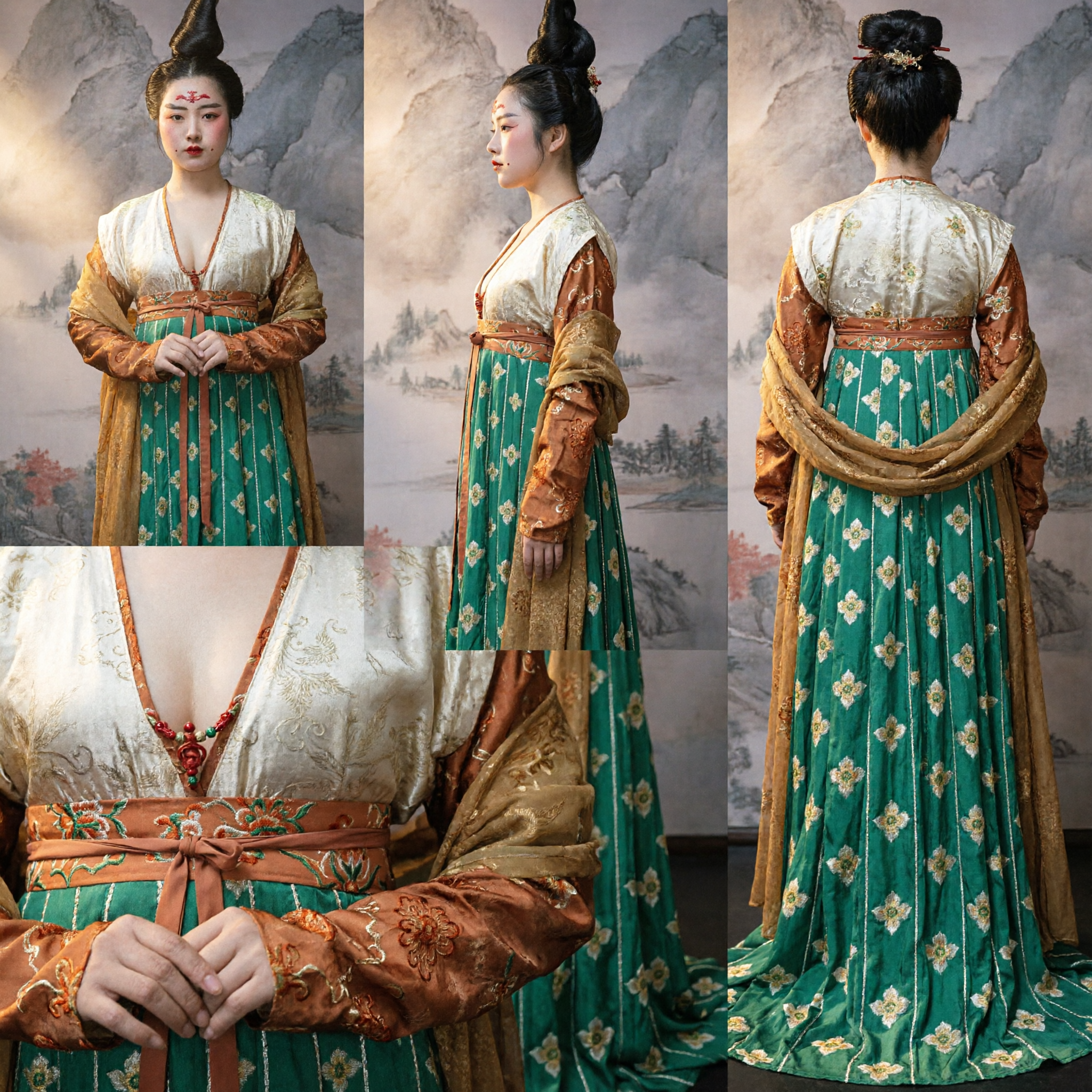 Ancient Chinese Tang Dynasty Palace Lady Green Floral Ruqun Hanfu Traditional Costume for Women - Asian Costume