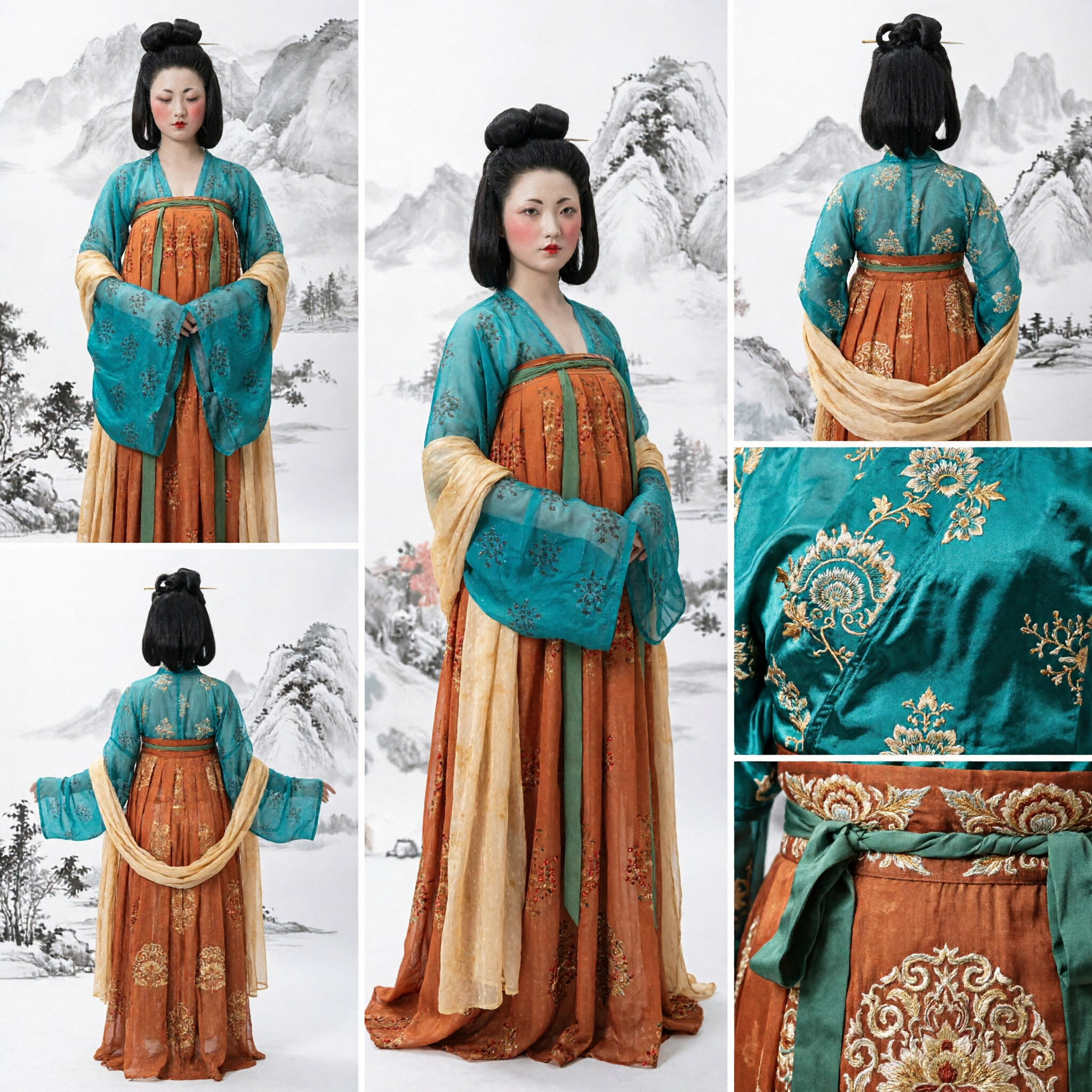 Elegant Tang Dynasty Hanfu Costume Teal and Orange Ruqun Set Traditional Chinese Clothing for Women Performance - Asian Costume