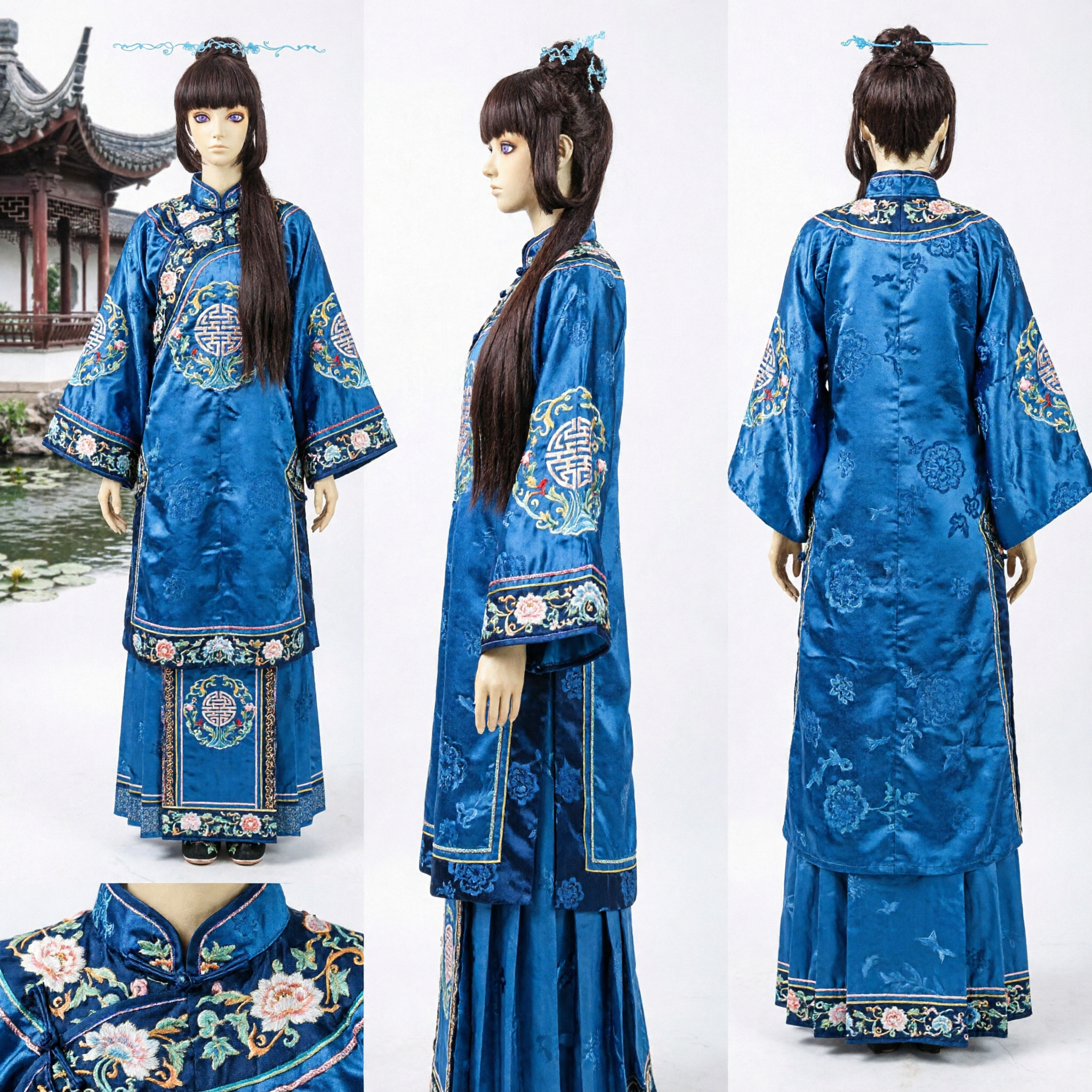 Long Black Ancient Chinese Wig for Hanfu Cosplay Traditional Costume with Bangs and Top Knot - Asian Costume