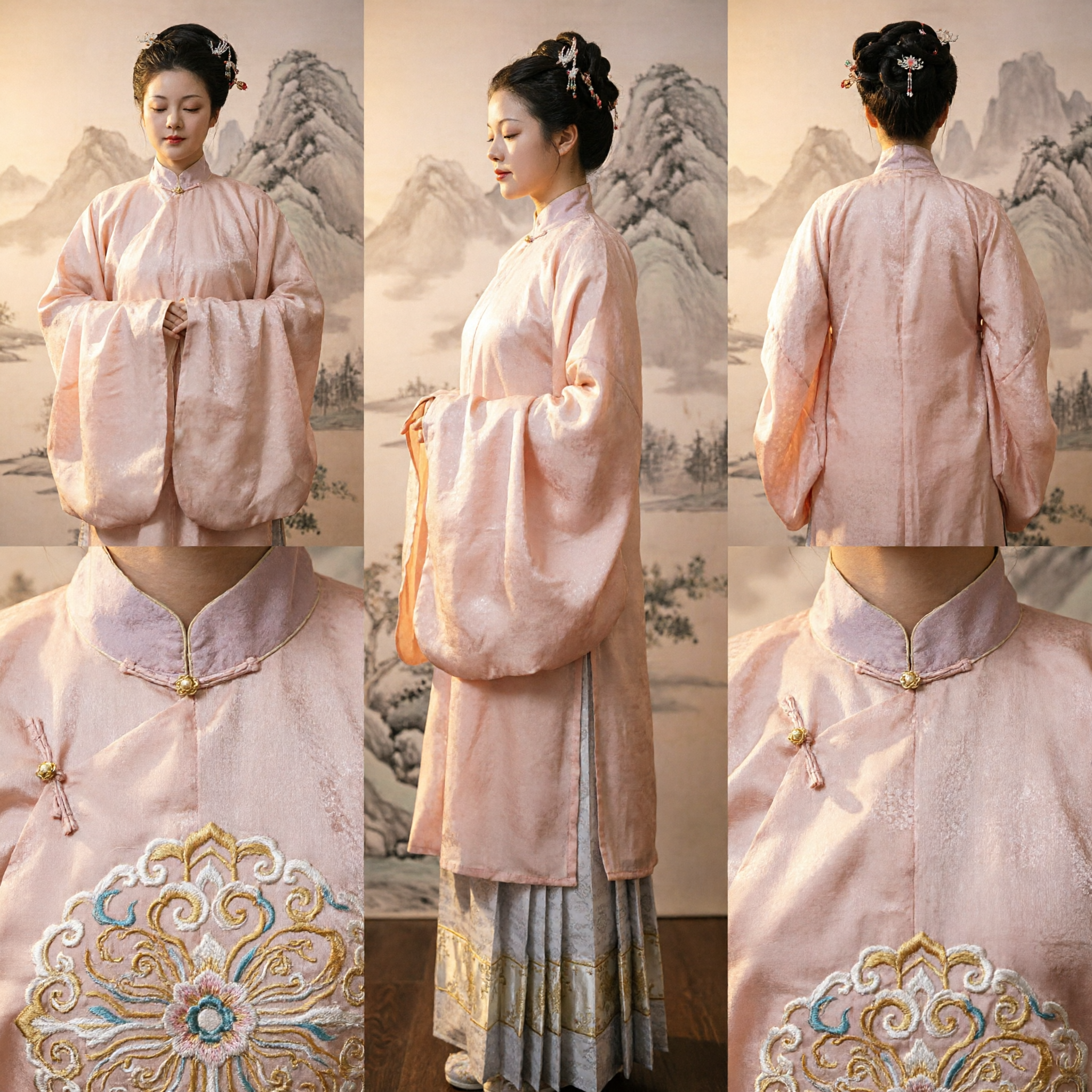 Traditional Chinese Ming Dynasty Hanfu Pink Beizi Top and Silver Skirt Set for Women Historical Costume - Asian Costume