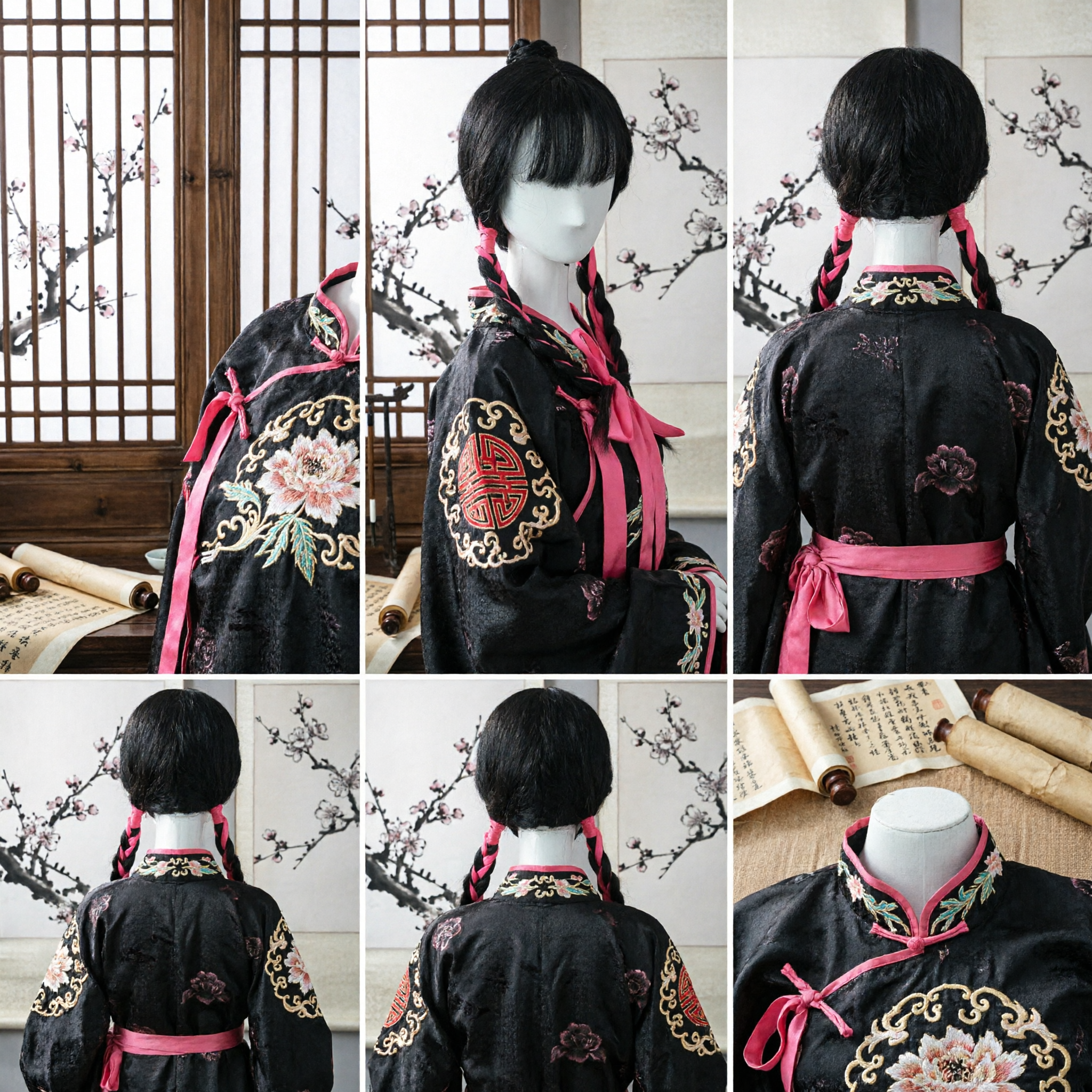 Ancient Chinese Style Black Wig with Pink Ribbon Braids and Top Knot for Hanfu Cosplay Costume - Asian Costume