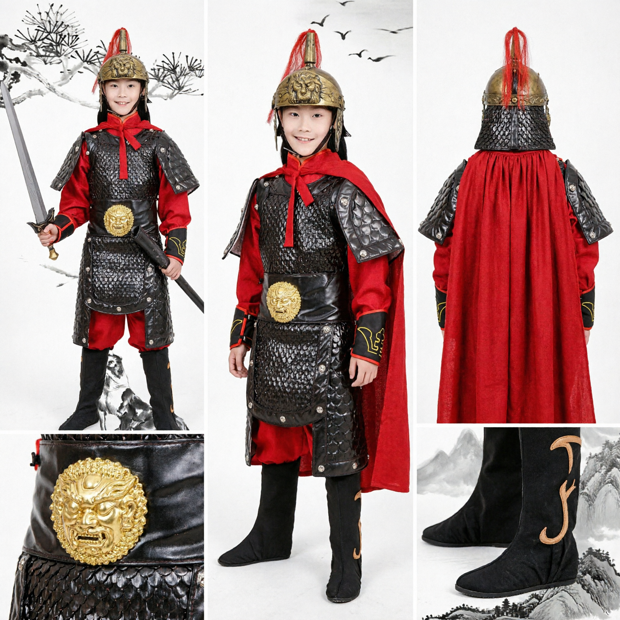 Kids Boys Ancient Chinese General Warrior Armor Costume with Red Cape and Sword for Stage Performance - Asian Costume
