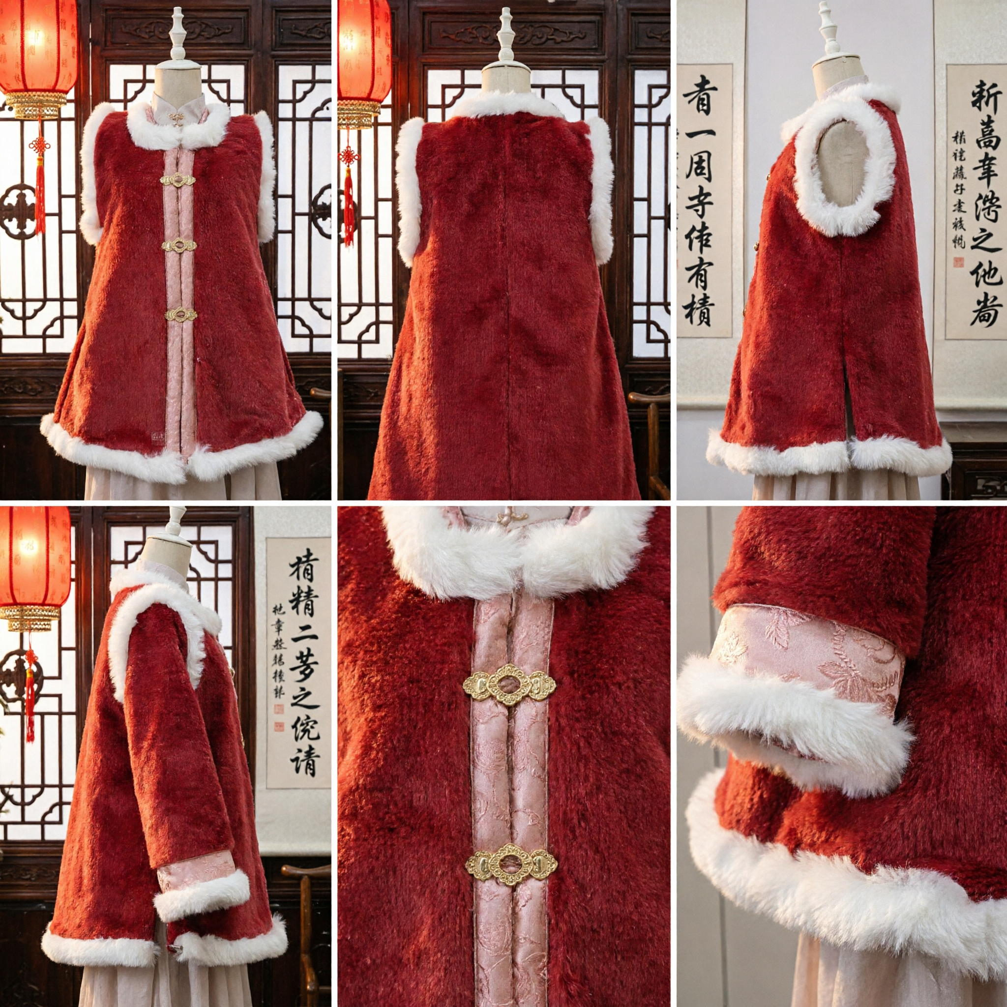 Traditional Chinese Red Fur Vest Hanfu Winter Cloak with White Trim for Women Lunar New Year Wedding - Asian Costume