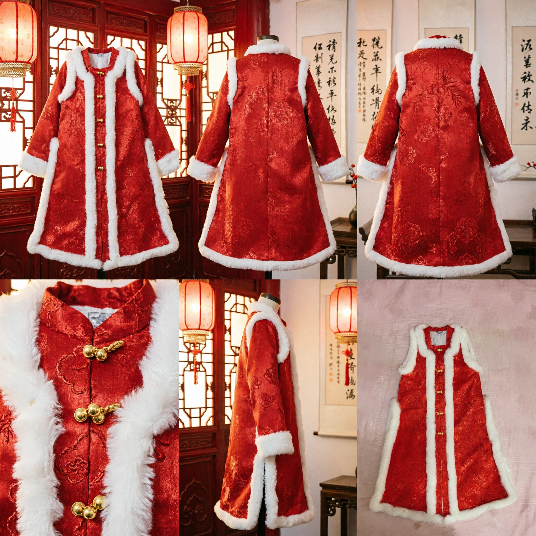 Women's Traditional Chinese Red Velvet Fur Trimmed Long Vest Sleeveless Cloak for Lunar New Year - Asian Costume