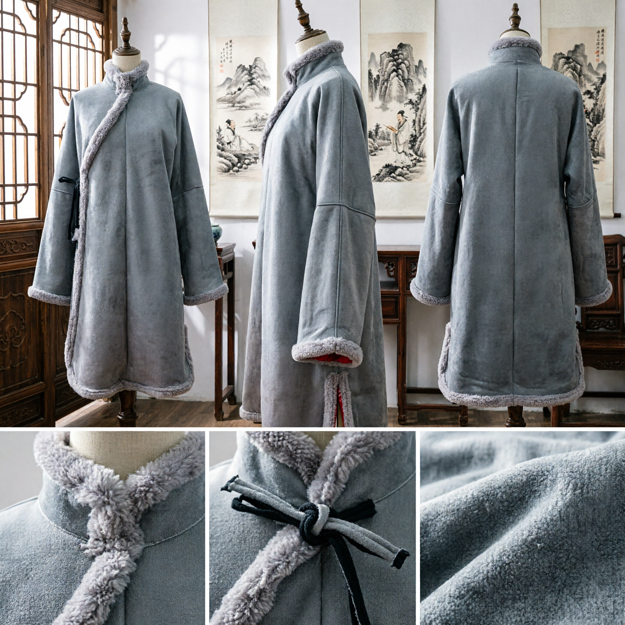 Traditional Chinese Grey Winter Cloak with Fur Trim Ancient Hanfu Historical Costume for Men and Women - Asian Costume