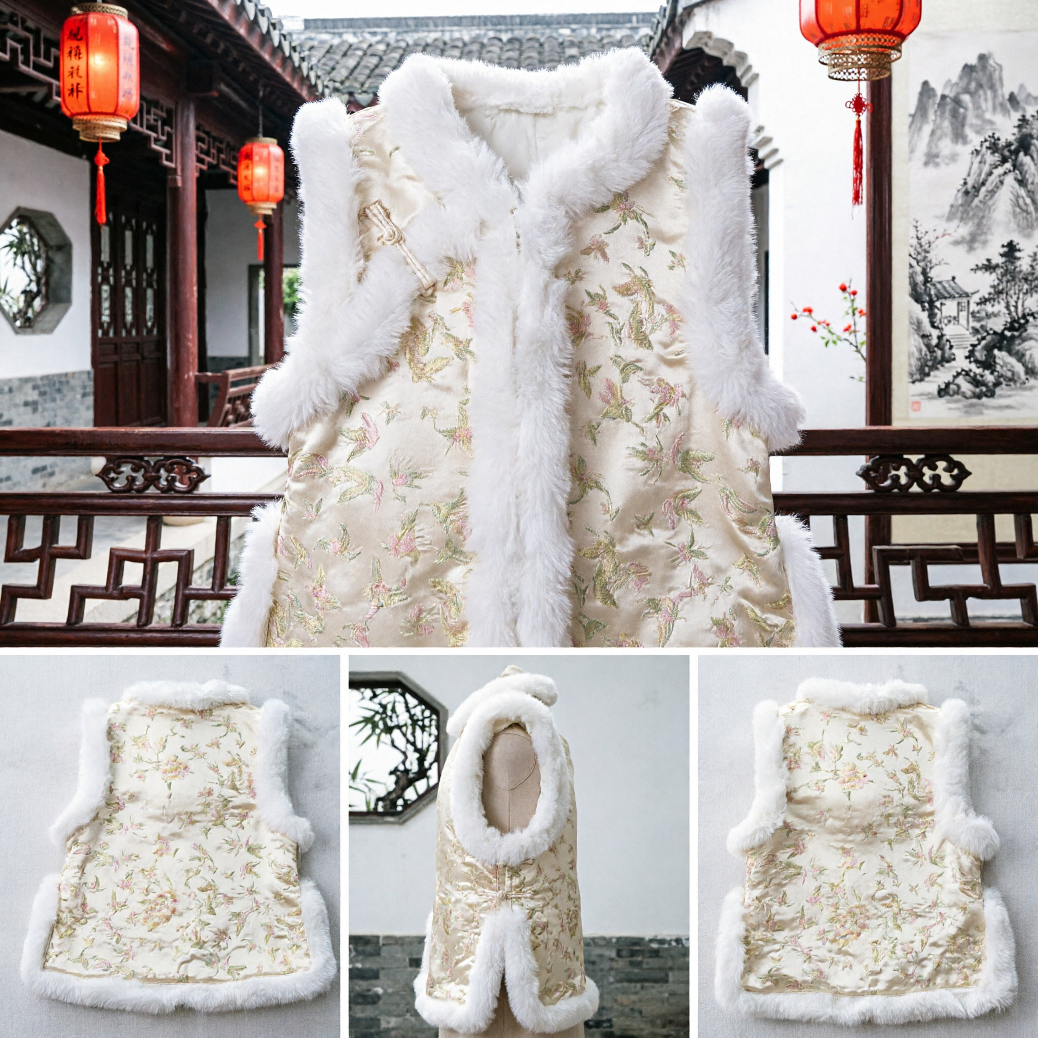 Traditional Chinese Winter Vest with White Faux Fur Trim Floral Tang Suit Waistcoat for Festivals - Asian Costume