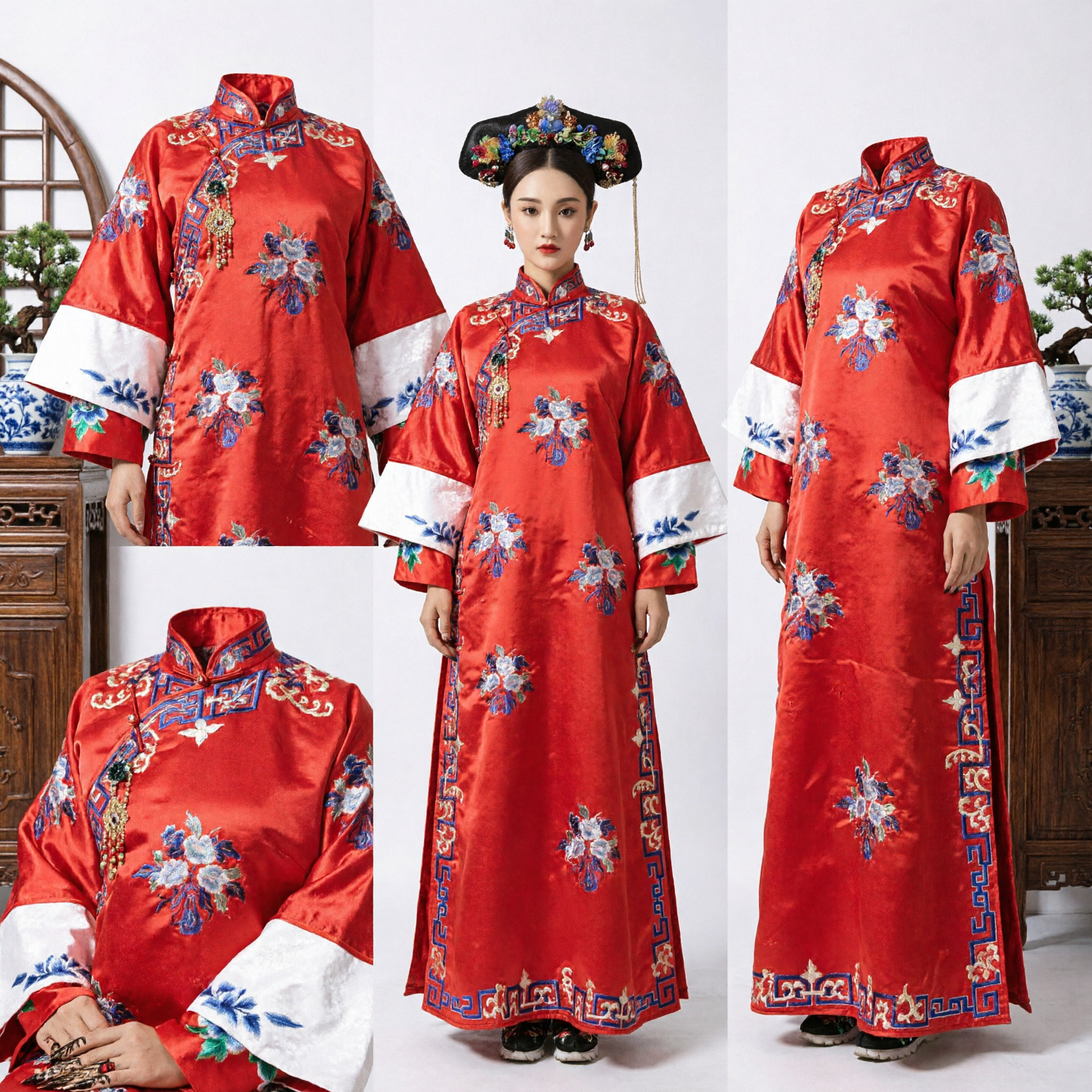 Traditional Chinese Qing Dynasty Manchu Empress Red Embroidered Robe Ancient Costume Dress for Women Wedding Photoshoot - Asian Costume