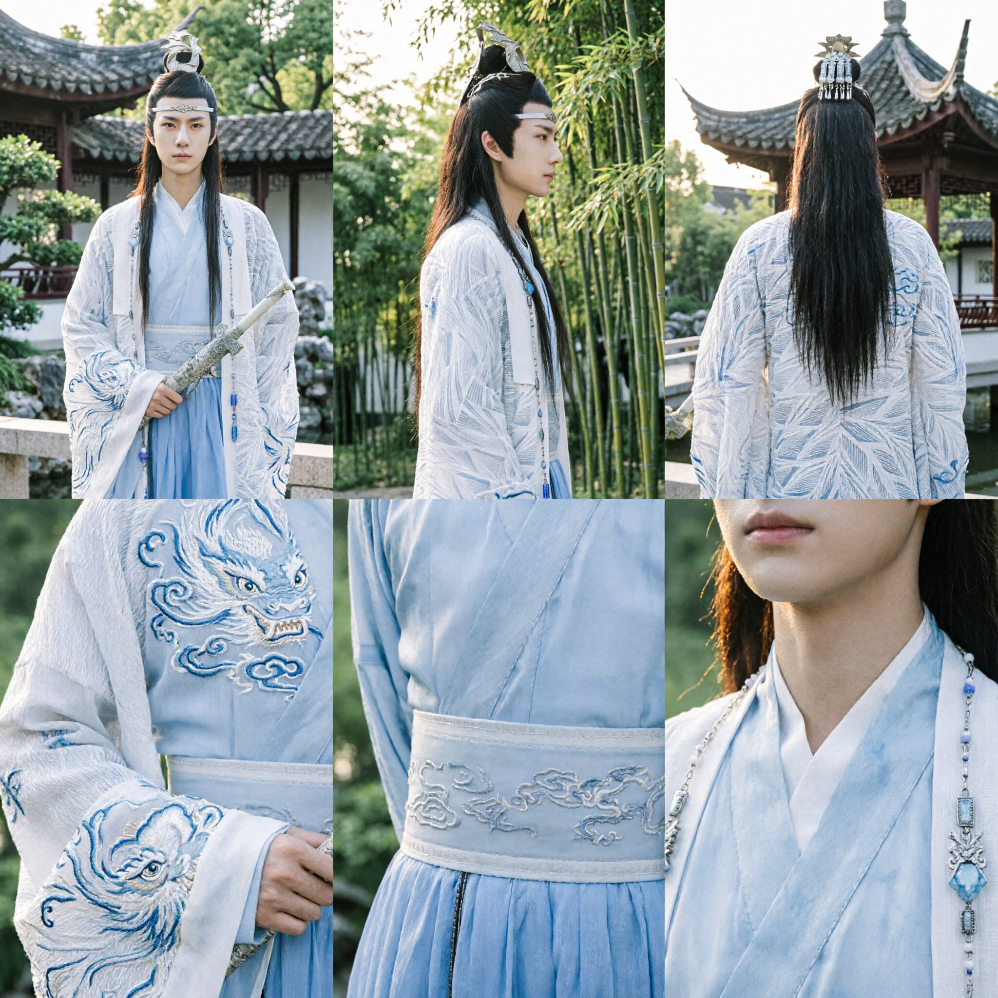 Men's Chinese Ancient Hanfu Costume White Blue Embroidered Robe Wuxia Cosplay Outfit with Headpiece and Sword - Asian Costume