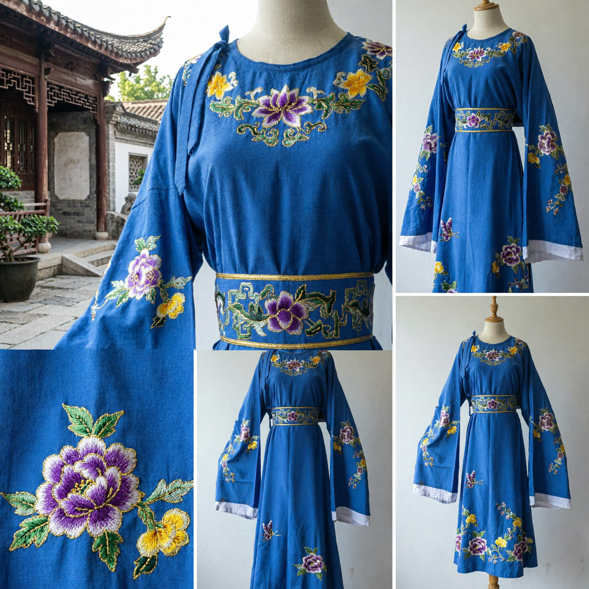 Royal Blue Traditional Chinese Hanfu Dress with Floral Embroidery Wide Sleeves for Women Ancient Costume - Asian Costume