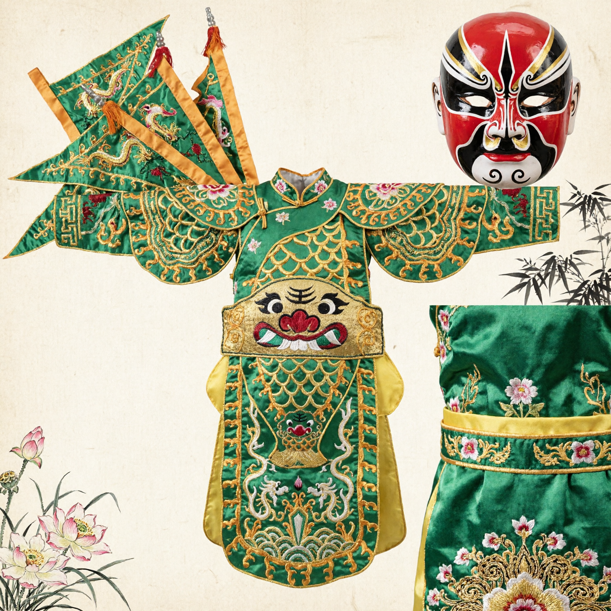 Traditional Chinese Opera Costume Green Dragon General Armor Back Flags and Apron Set for Stage Performance - Asian Costume