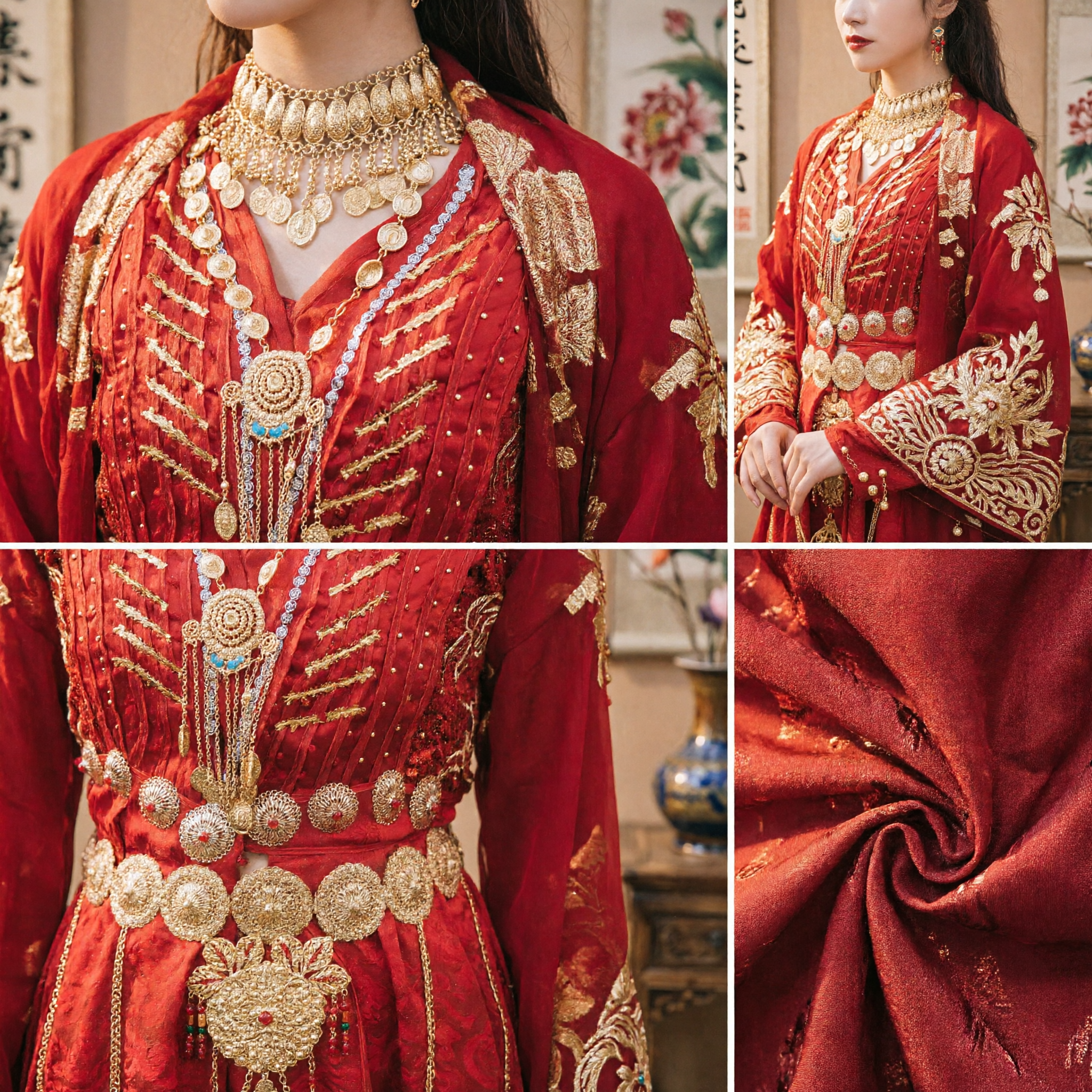 Ancient Chinese Red Ethnic Minority Princess Costume with Gold Jewelry Set for Women Photography Stage Performance - Asian Costume