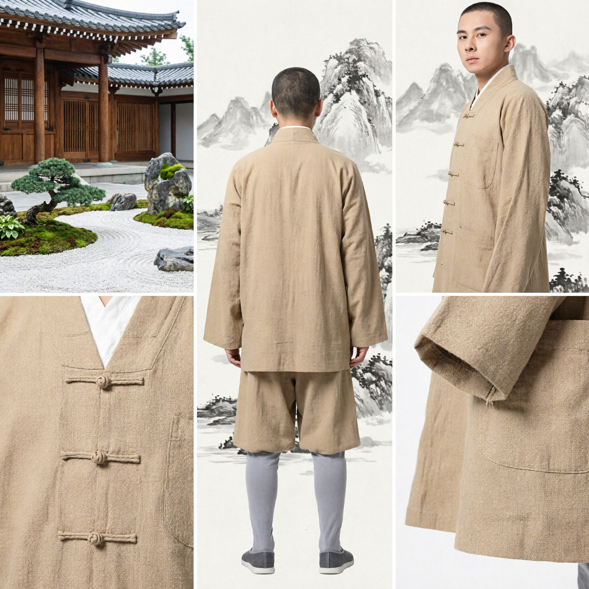 Men's Traditional Chinese Linen Monk Robe Kung Fu Suit Set for Meditation and Martial Arts - Asian Costume