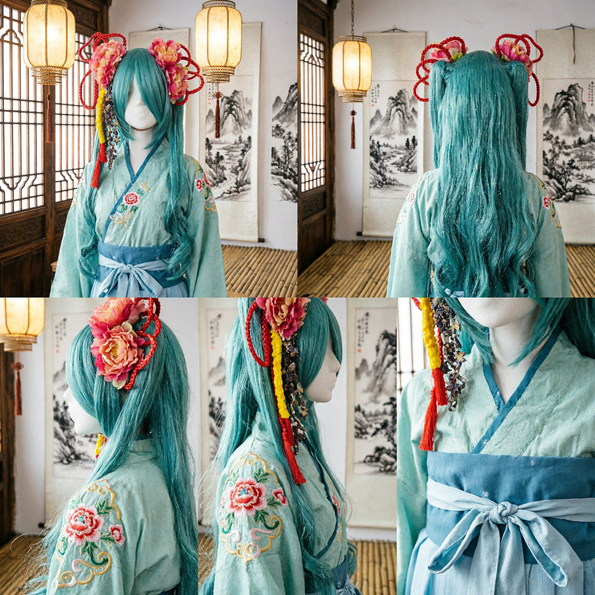 Teal Long Straight Wig with Traditional Chinese Floral Headpiece and Red Braided Cords for Hanfu Cosplay - Asian Costume