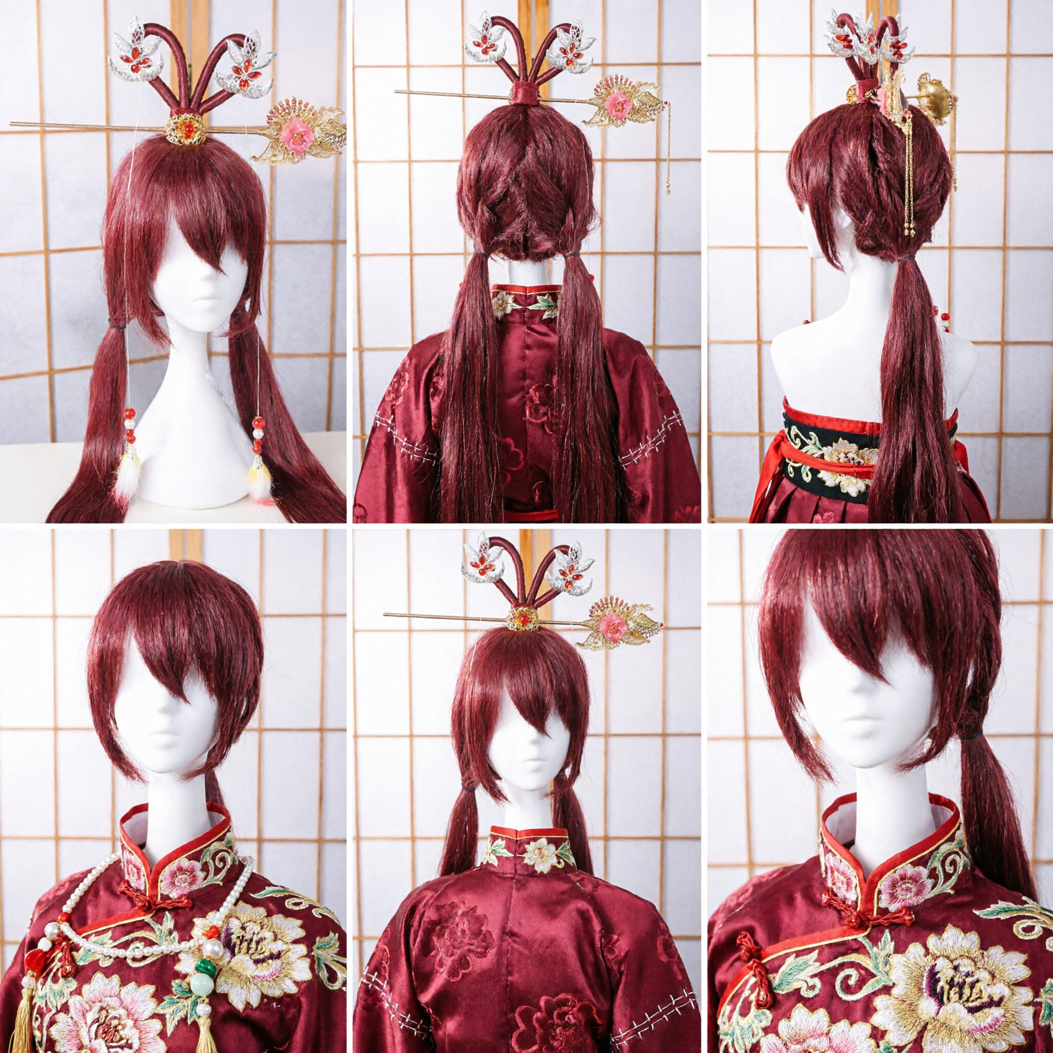 Long Red Cosplay Wig with Bunny Ear Hairpins and Floral Accessories for Traditional Hanfu Anime Costumes - Asian Costume