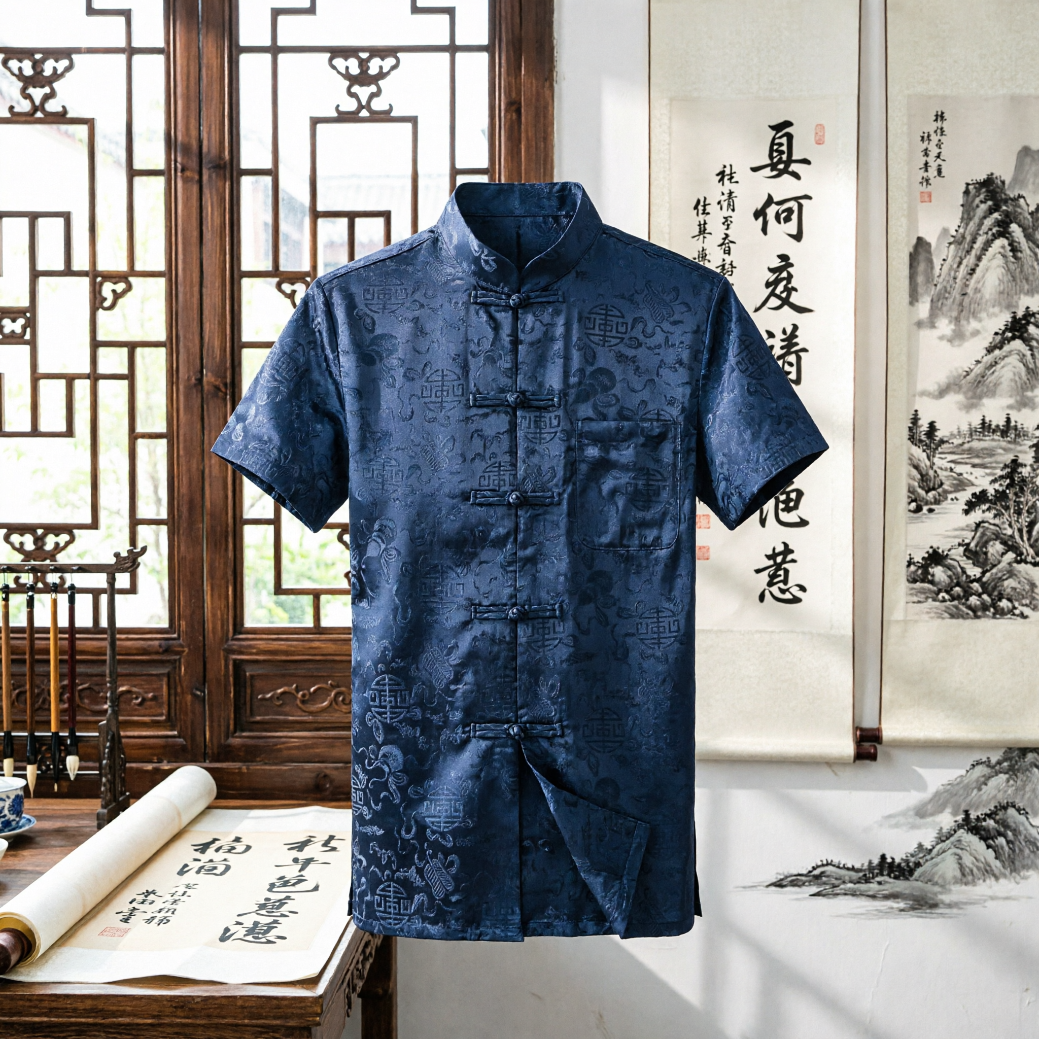Navy Blue Men's Traditional Chinese Silk Tang Suit Short Sleeve Shirt Mandarin Collar Top for Wedding Party - Asian Costume