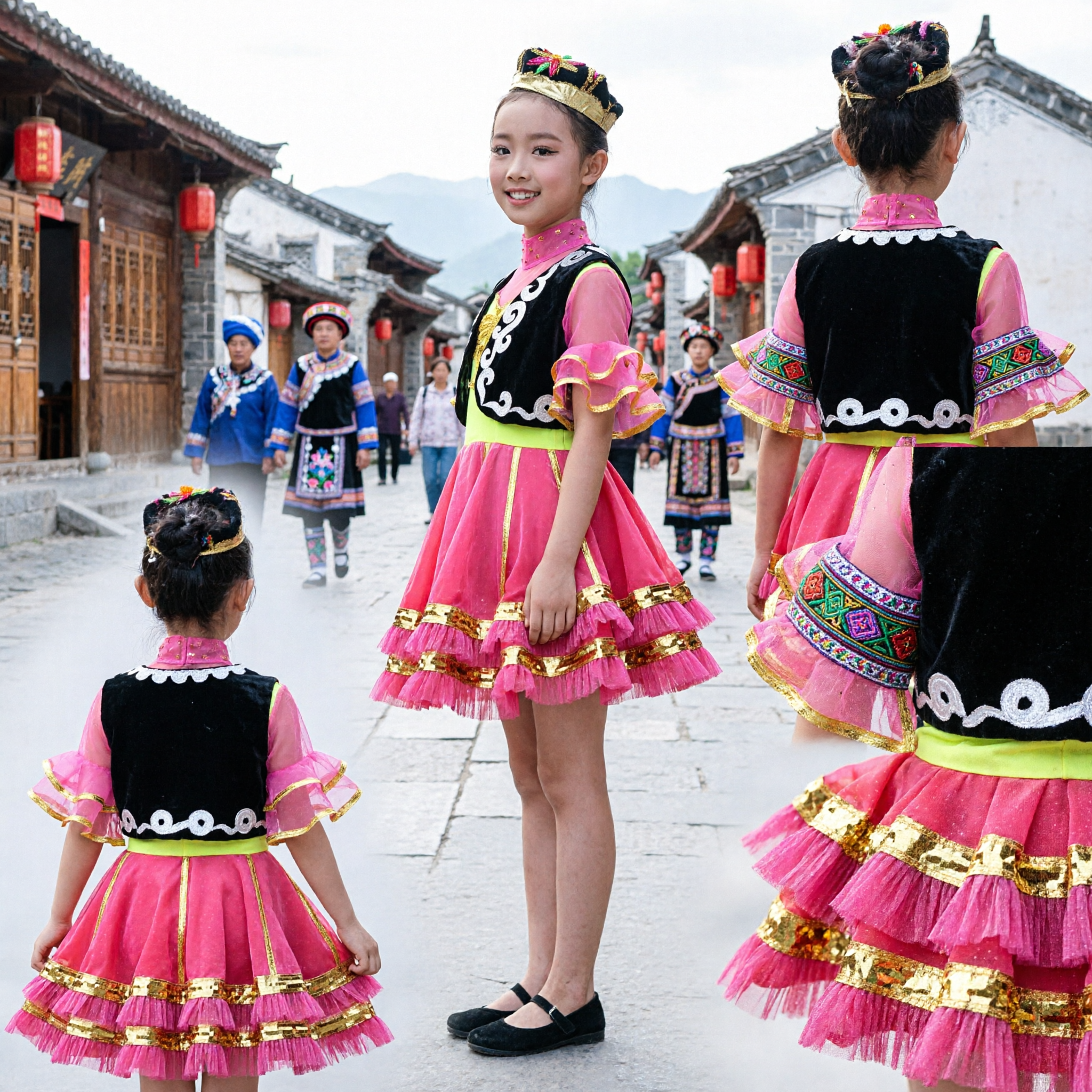 Chinese Uyghur Ethnic Dance Costume for Kids Girls Traditional Xinjiang Folk Dress Performance Stage Outfit - Asian Costume