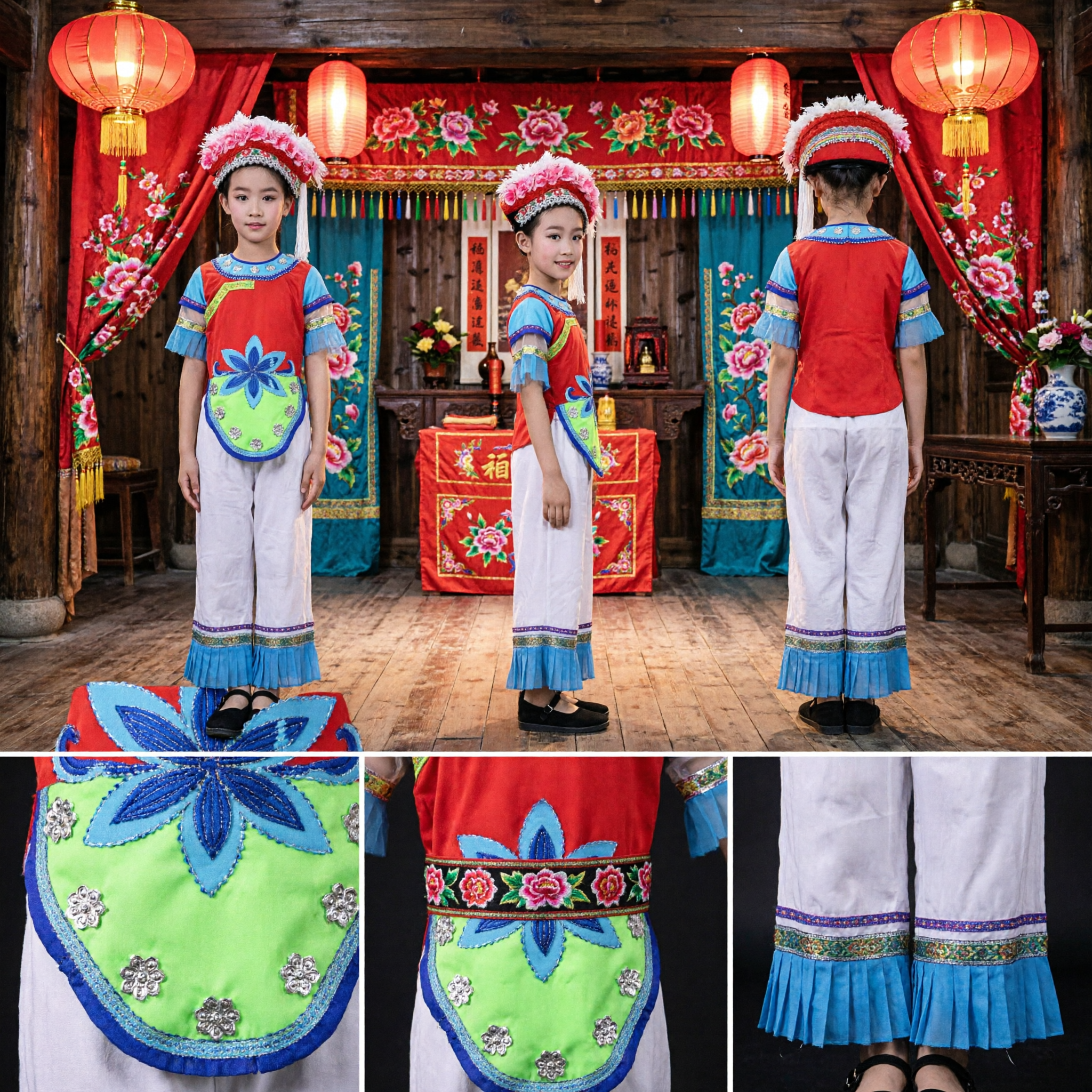 Traditional Chinese Ethnic Folk Dance Costume for Girls Colorful Performance Outfit with Feather Headdress - Asian Costume