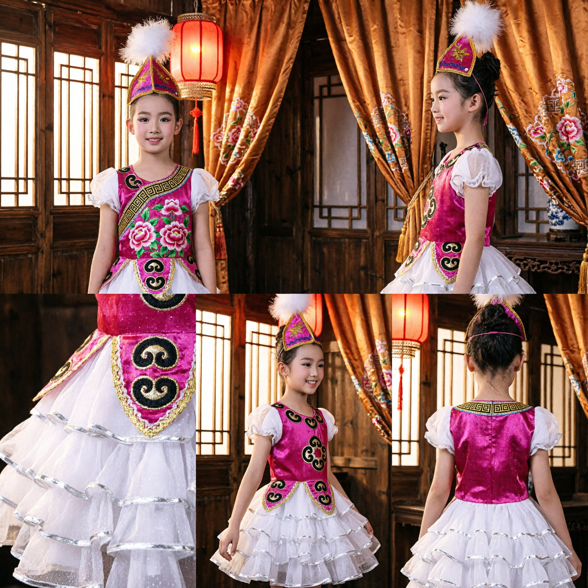 Chinese Xinjiang Uyghur Traditional Dance Costume for Girls Kids Stage Performance Folk Dress with Feather Hat - Asian Costume