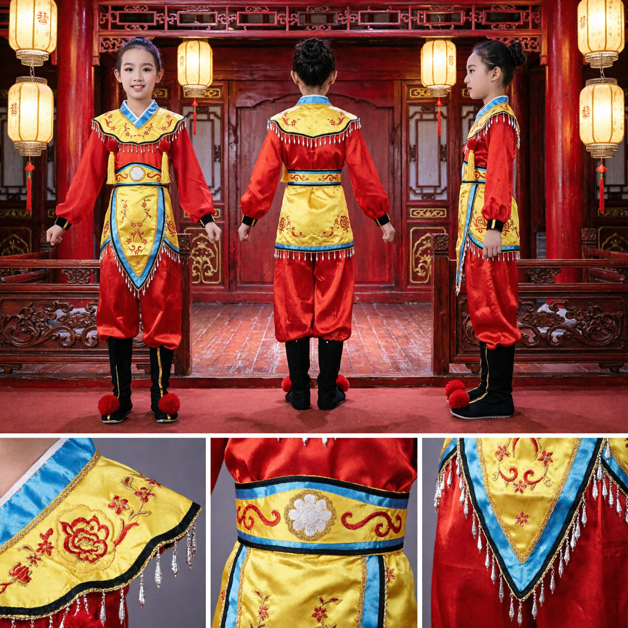 Chinese Traditional Folk Dance Costume for Kids Girls Red and Yellow Ethnic Minority Stage Performance Outfit - Asian Costume