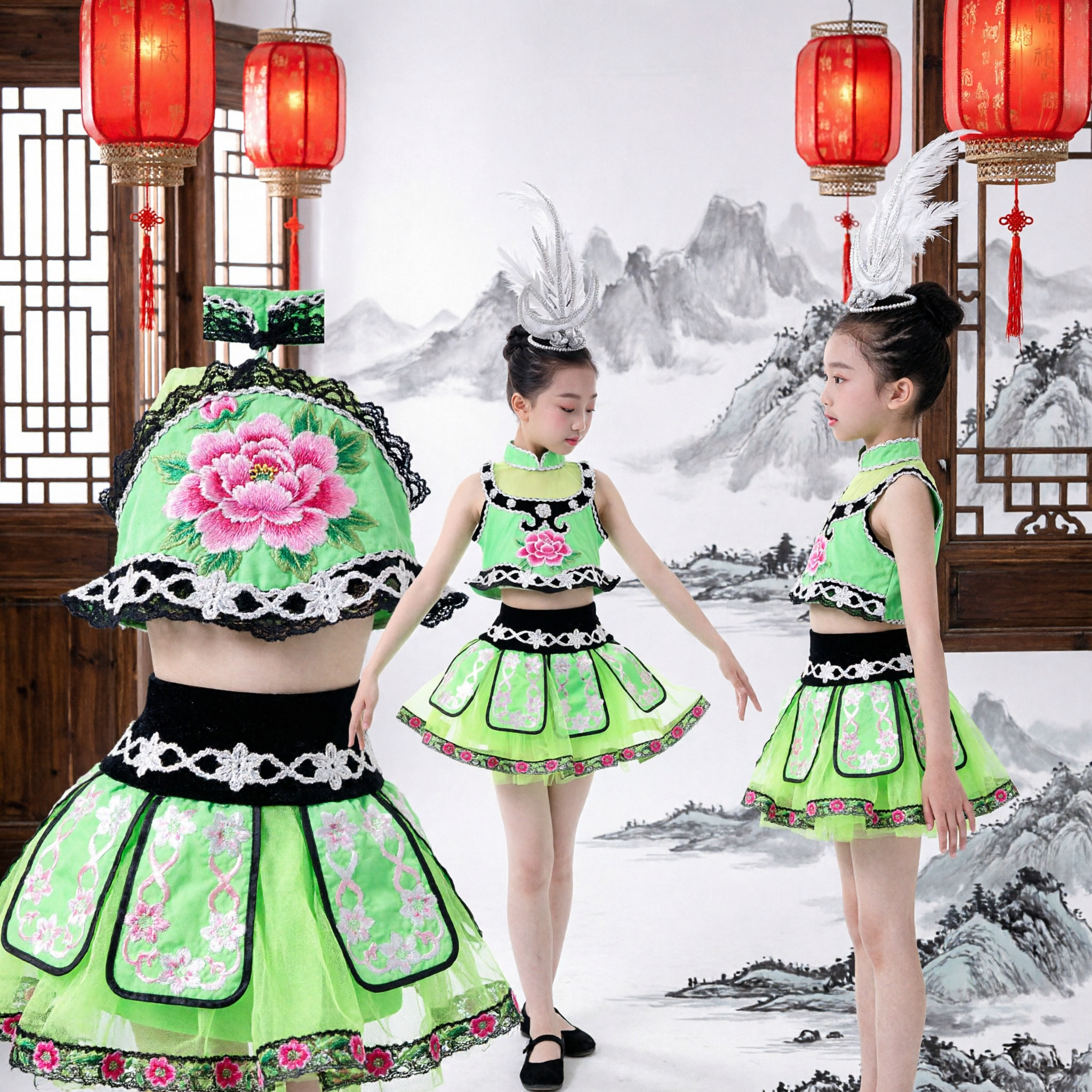 Chinese Traditional Dance Costume for Girls Green Lotus Folk Dress Stage Performance Outfit Kids - Asian Costume