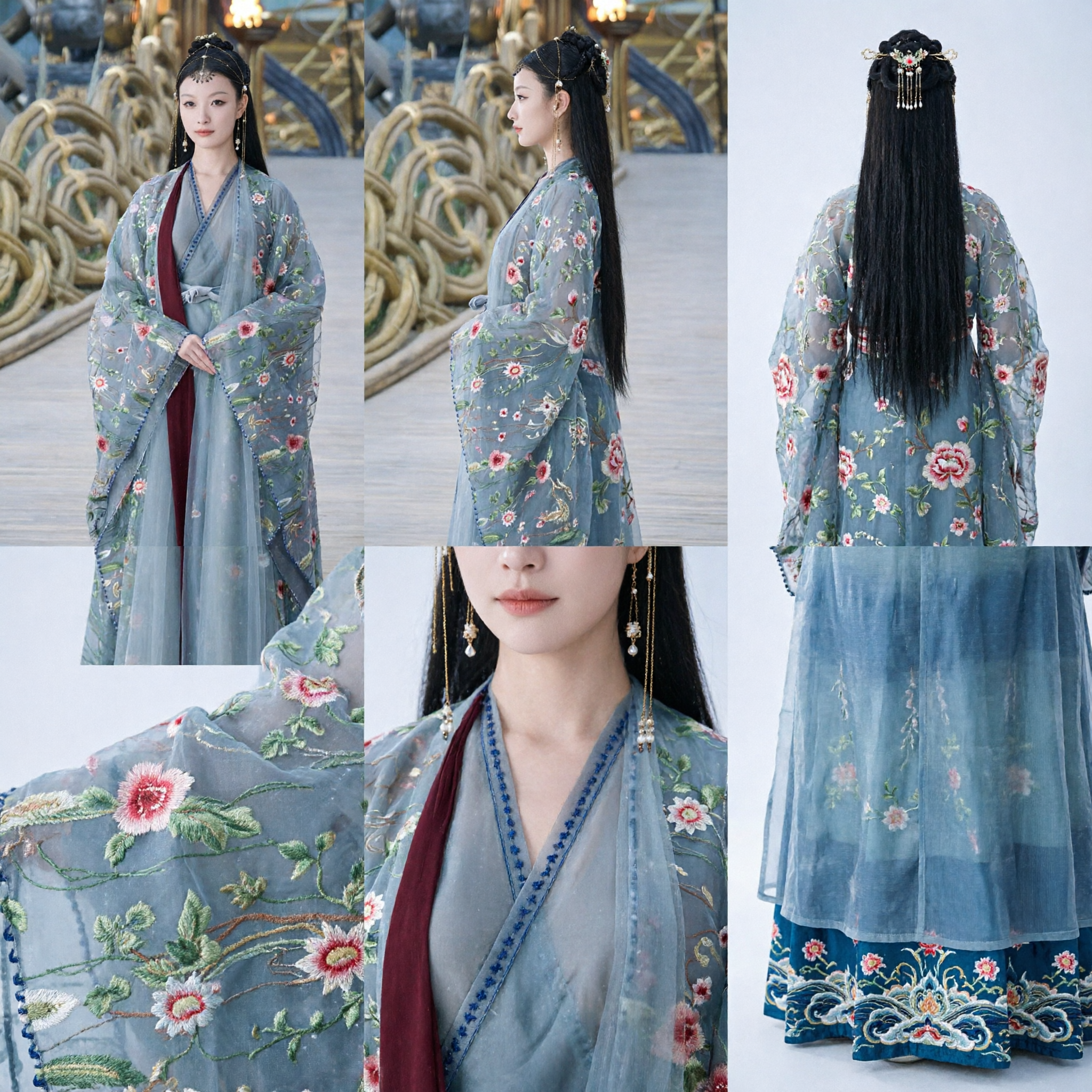 Ancient Chinese Hanfu Costume for Women Blue Floral Embroidered Sheer Robe Historical Period Drama Outfit - Asian Costume