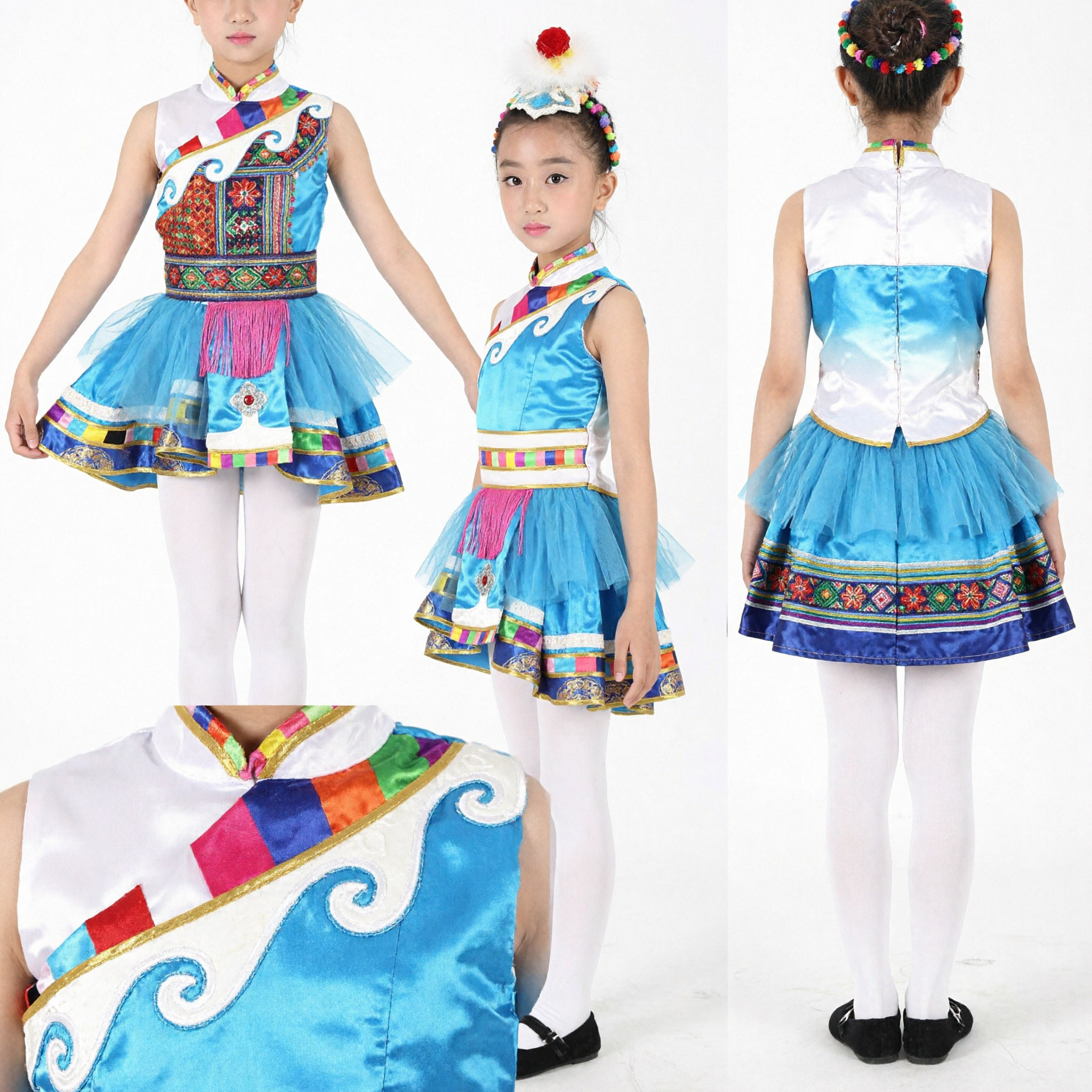 Kids Girls Chinese Tibetan Ethnic Dance Costume Blue Traditional Stage Performance Dress for Children - Asian Costume