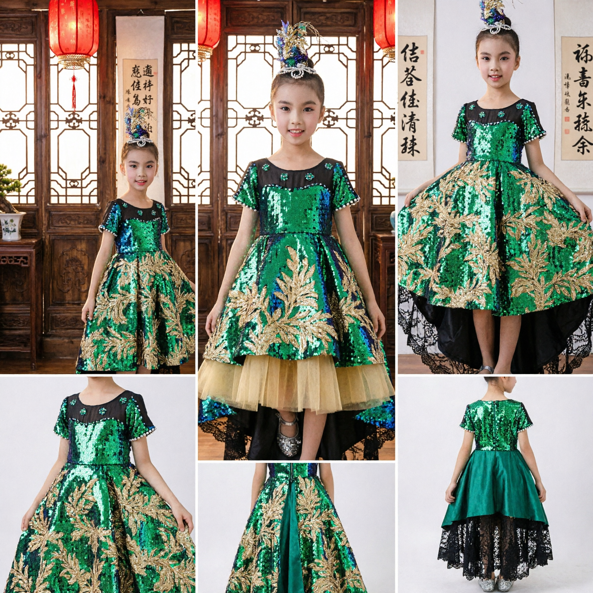 Girls Green and Blue Sequin Ball Gown Stage Performance Costume Kids Dance Host Competition Dress - Asian Costume