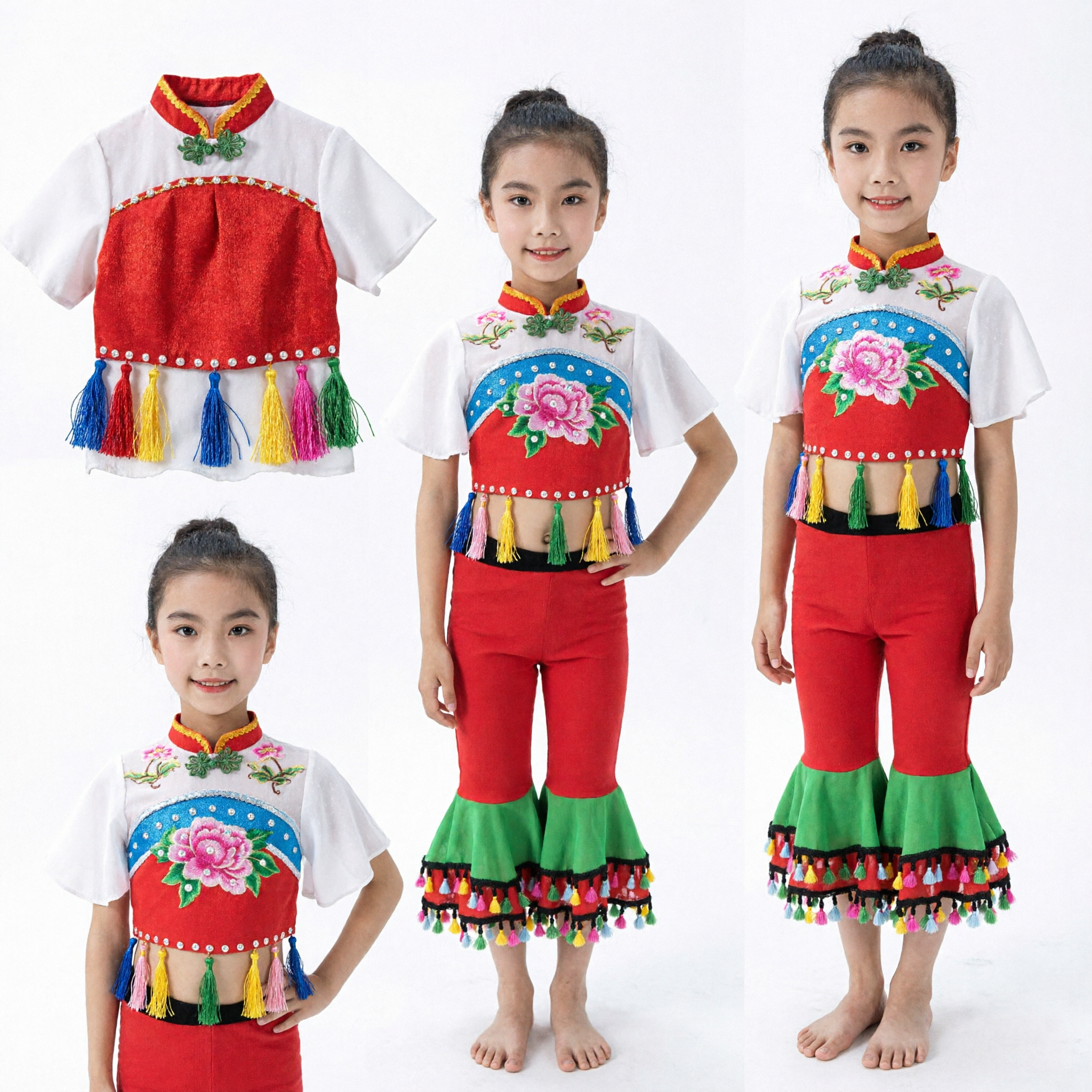 Kids Chinese Folk Dance Costume Girls Traditional Yangge Stage Performance Outfit with Tassels - Asian Costume
